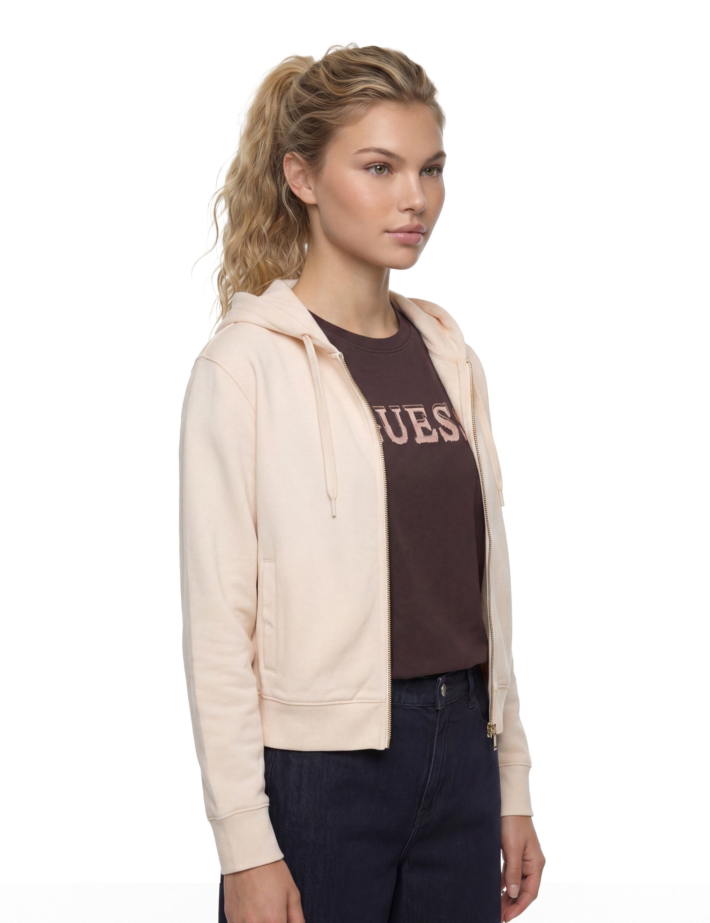 Guess Kapuzensweatjacke »SOFIA ZIPPER SWEATSHIRT« mit Logostickerei, Baumwollmix