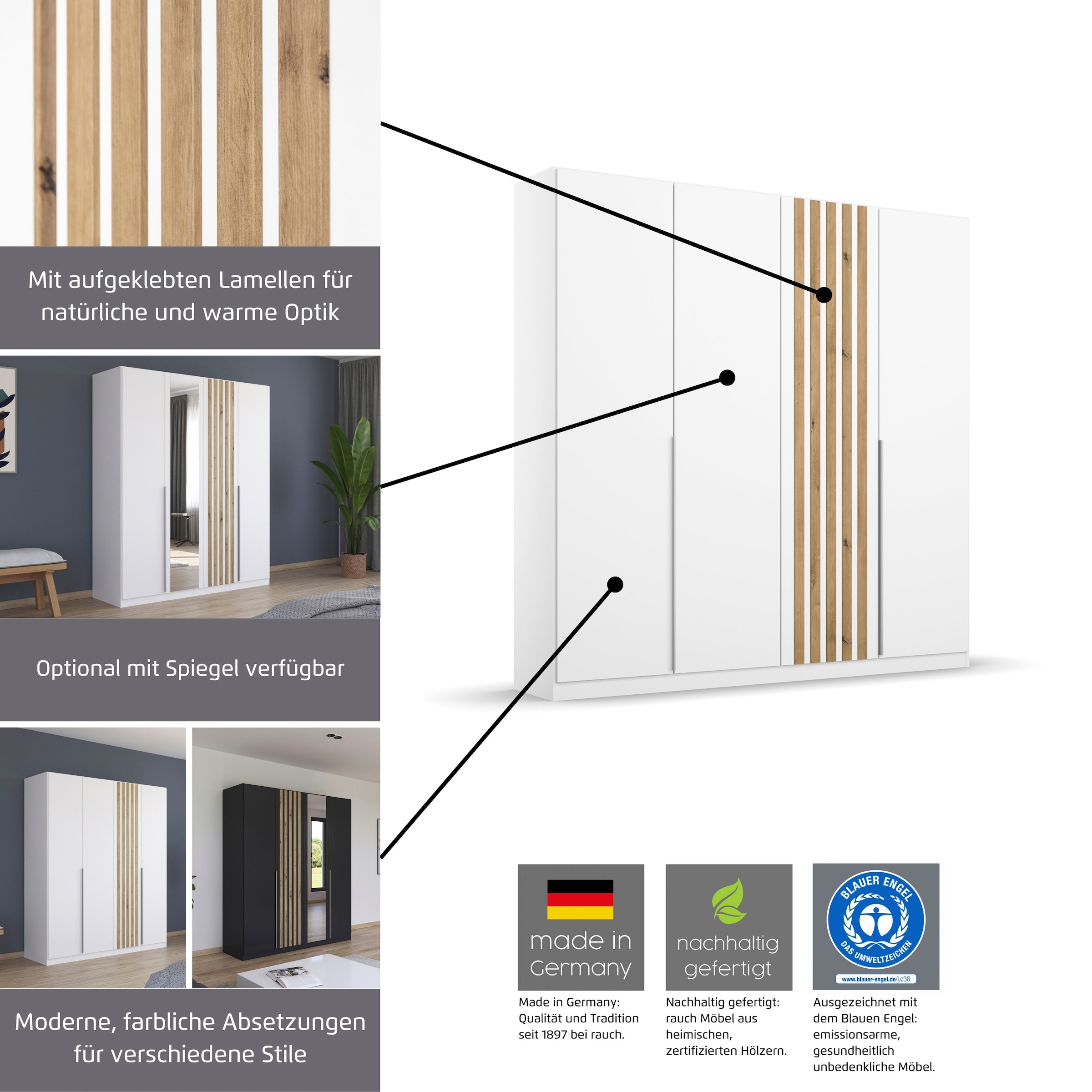 rauch Drehtürenschrank »Kleiderschrank Schrank Garderobe Garderobenschrank LAMELLA«, elegante Lamellen-Auflage in 3D Akustikpaneel Optik MADE IN GERMANY