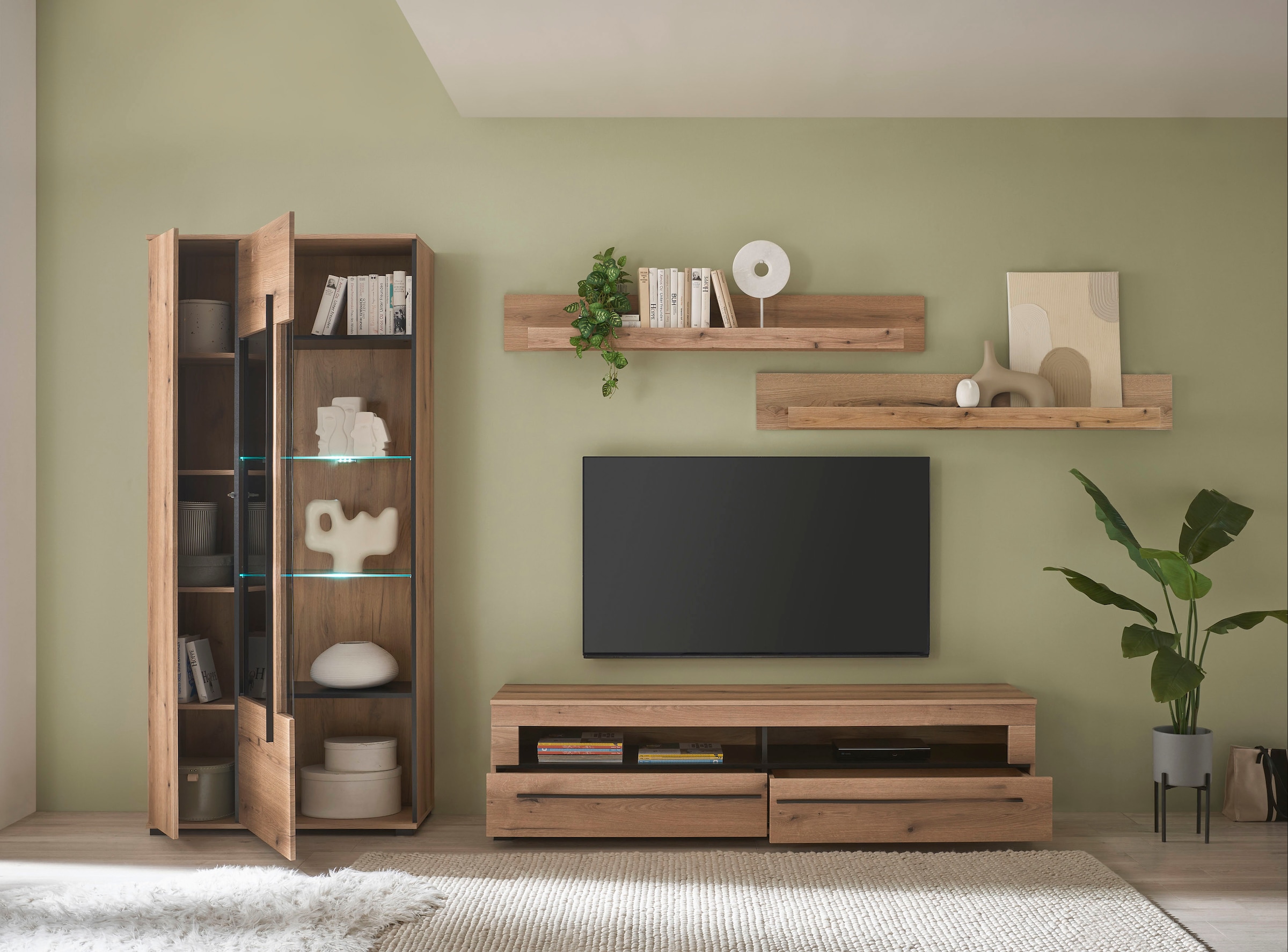 INOSIGN Wohnwand »Cantara, moderne Anbauwand, Wohnzimmer-Set, in Eiche Evoke oder Weiss«, (Set), enthält eine Vitrine, ein Lowboard und zwei Wandboards