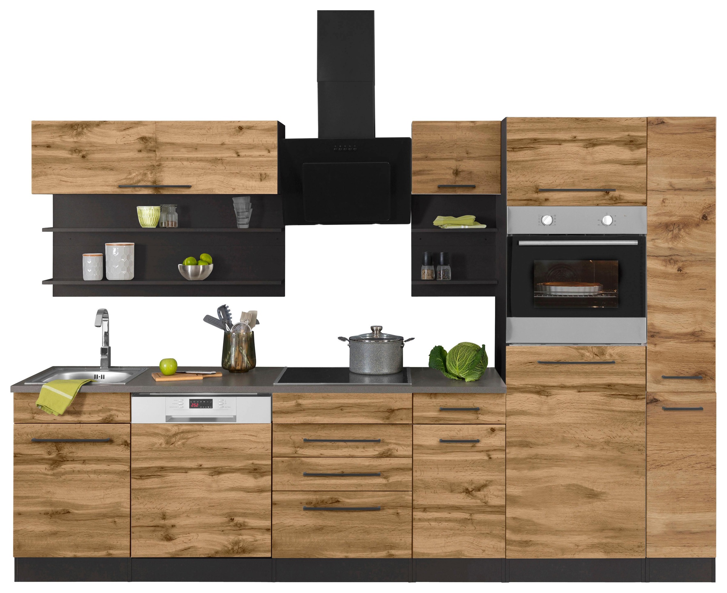 KOCHSTATION Küchenzeile »KS-Tulsa« ohne E-Geräte, Breite 300 cm, schwarze Metallgriffe, MDF Fronten