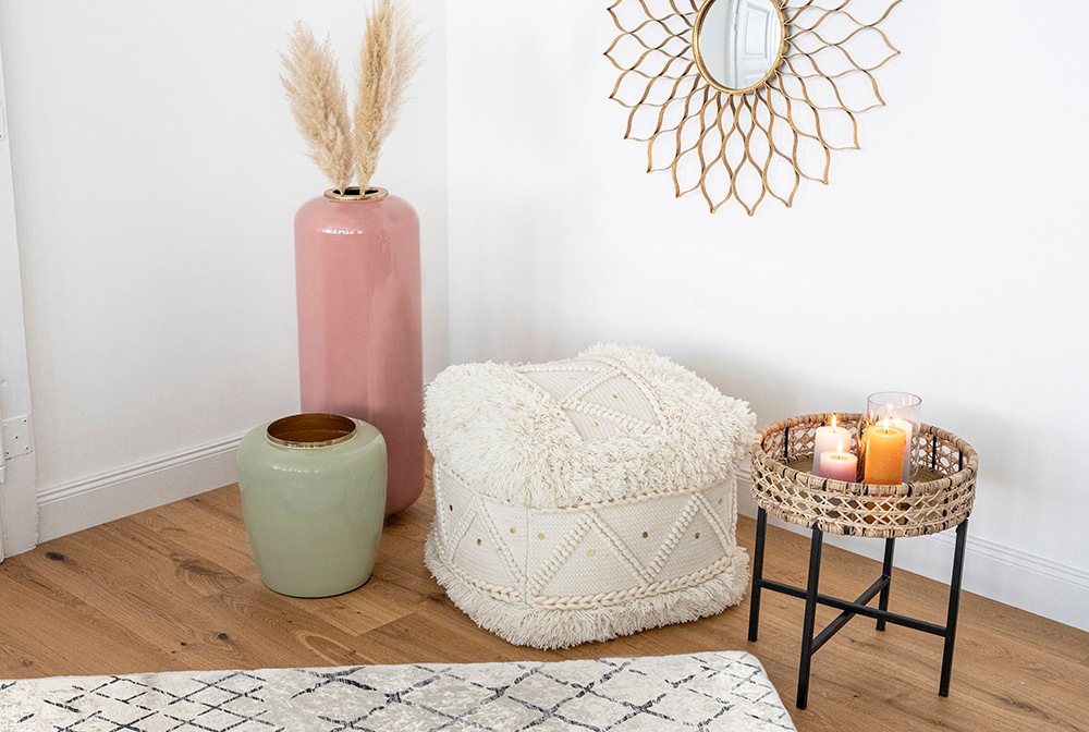 Image of Kayoom Pouf "Bohist 525 50cm x 50cm, Strukturen mit Fransen und Quasten" 1 Stk. tlg. handgefertigt, Unikat, sehr gut kombinierbar, vielfältig im Einsatz