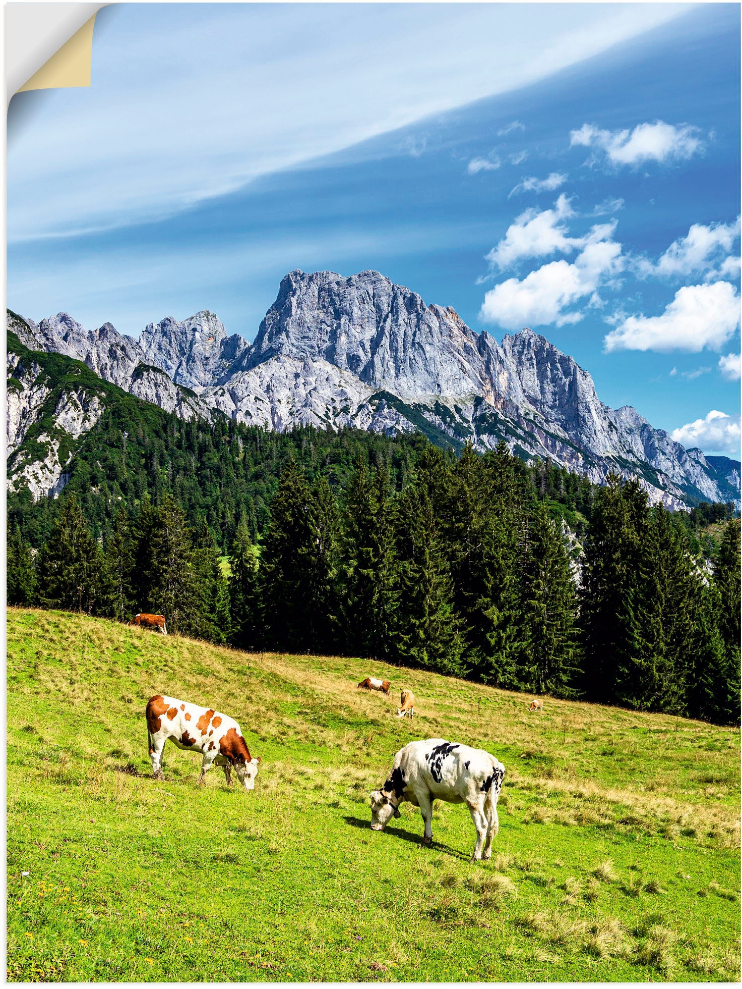 Poster Artland auf Litzlalm Grössen Kühen«, oder Berge in & mit St.), als Alubild, Wandbild kaufen versch. »Blick Alpenbilder, Leinwandbild, (1 Wandaufkleber die