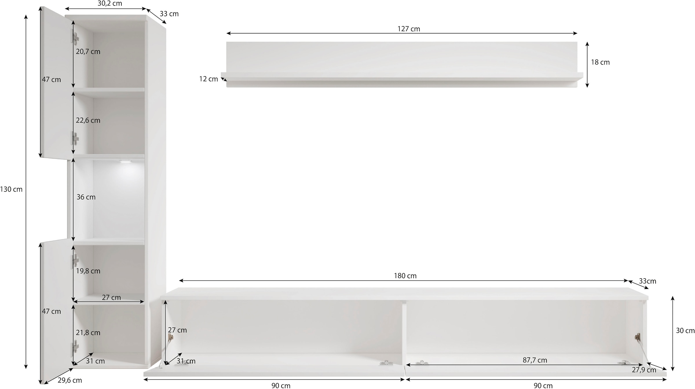 GOODproduct Meuble mural »PARIS, Vitrine Türanschlag links/rechts wechselbar« Ensemble complet, 3 cuis tlg.