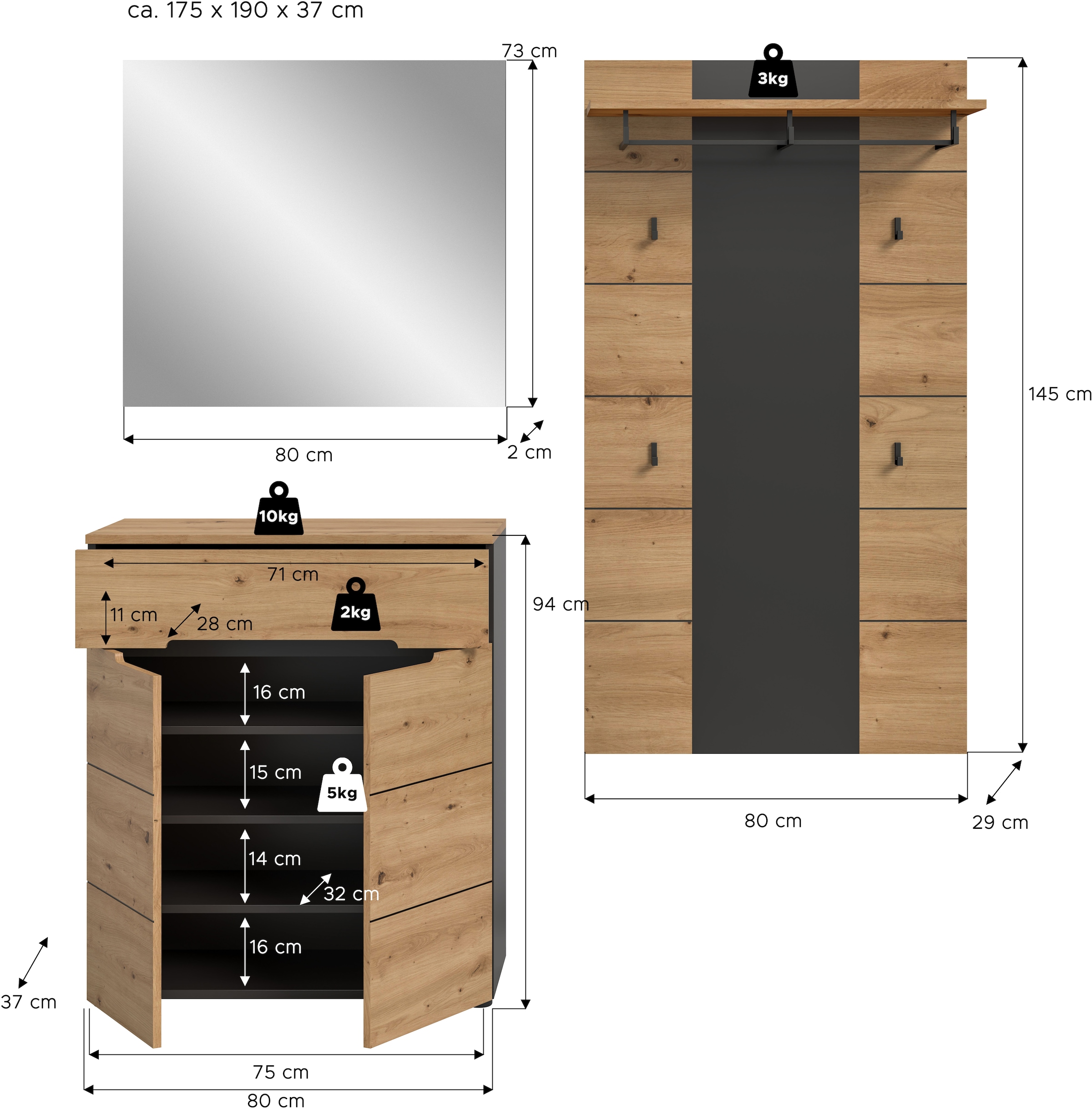 INOSIGN Garderoben-Set »REHAT, TOPSELLER!, 3-teilig, Breite 175 cm, individuell erweiterbar« Set, bestehend aus: Kommode, Spiegel und Garderobenpaneel, 3 Stk. tlg.