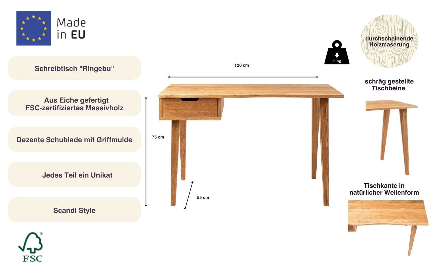 andas Bureau »Ringebu« B/T/H: 120/55/75 cm,  aus Eichenholz, FSC® zertifiziert, mit  Schublade, Breite 120 cm