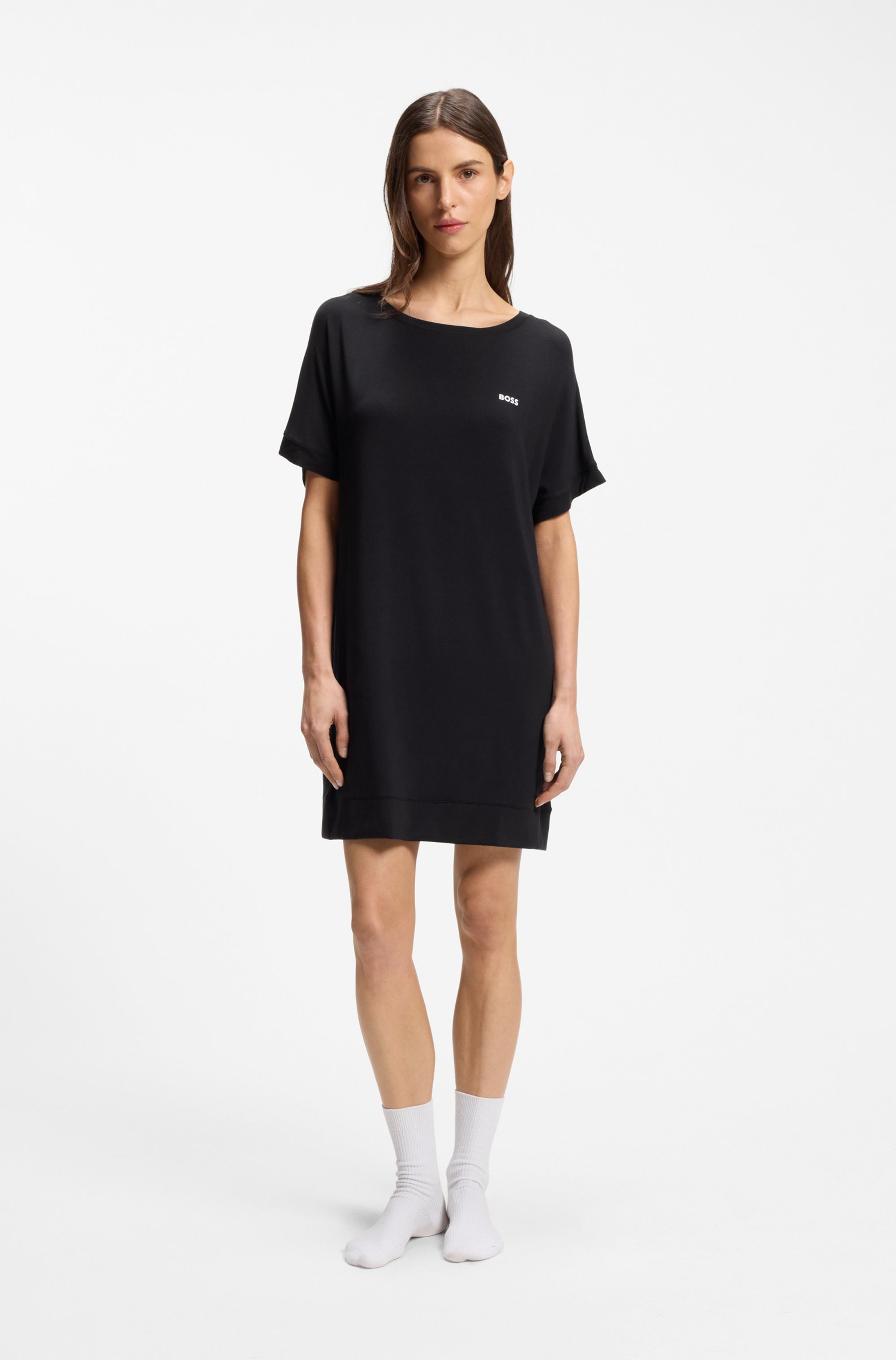 Image of BOSS Nachthemd "Element Nightie" Ohne Taschen aus Stretch-Jersey mit Logo-Print