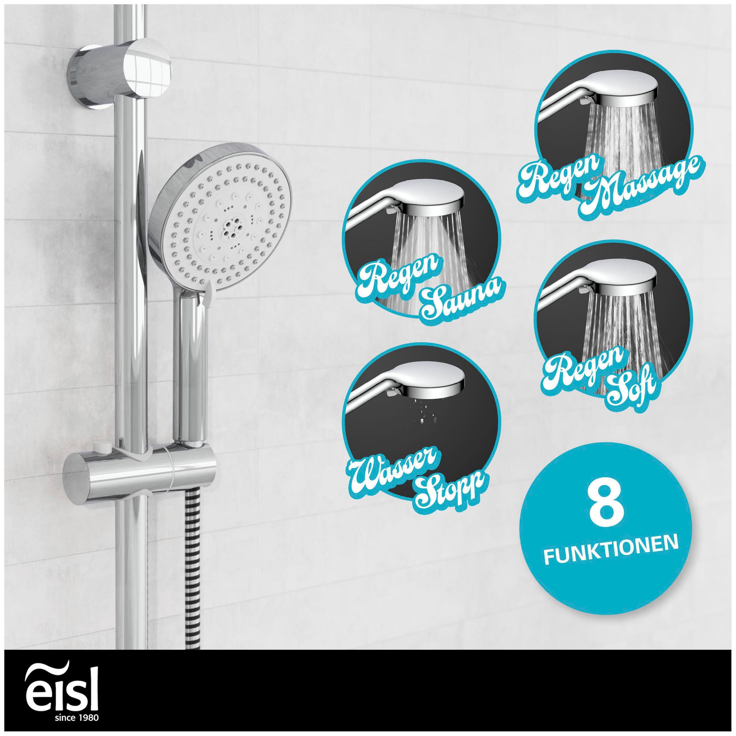 Eisl Garniture de douche »STORM« économiseur d’eau, anti-calcaire, réglable en 7 positions, fonction arrêt d’eau