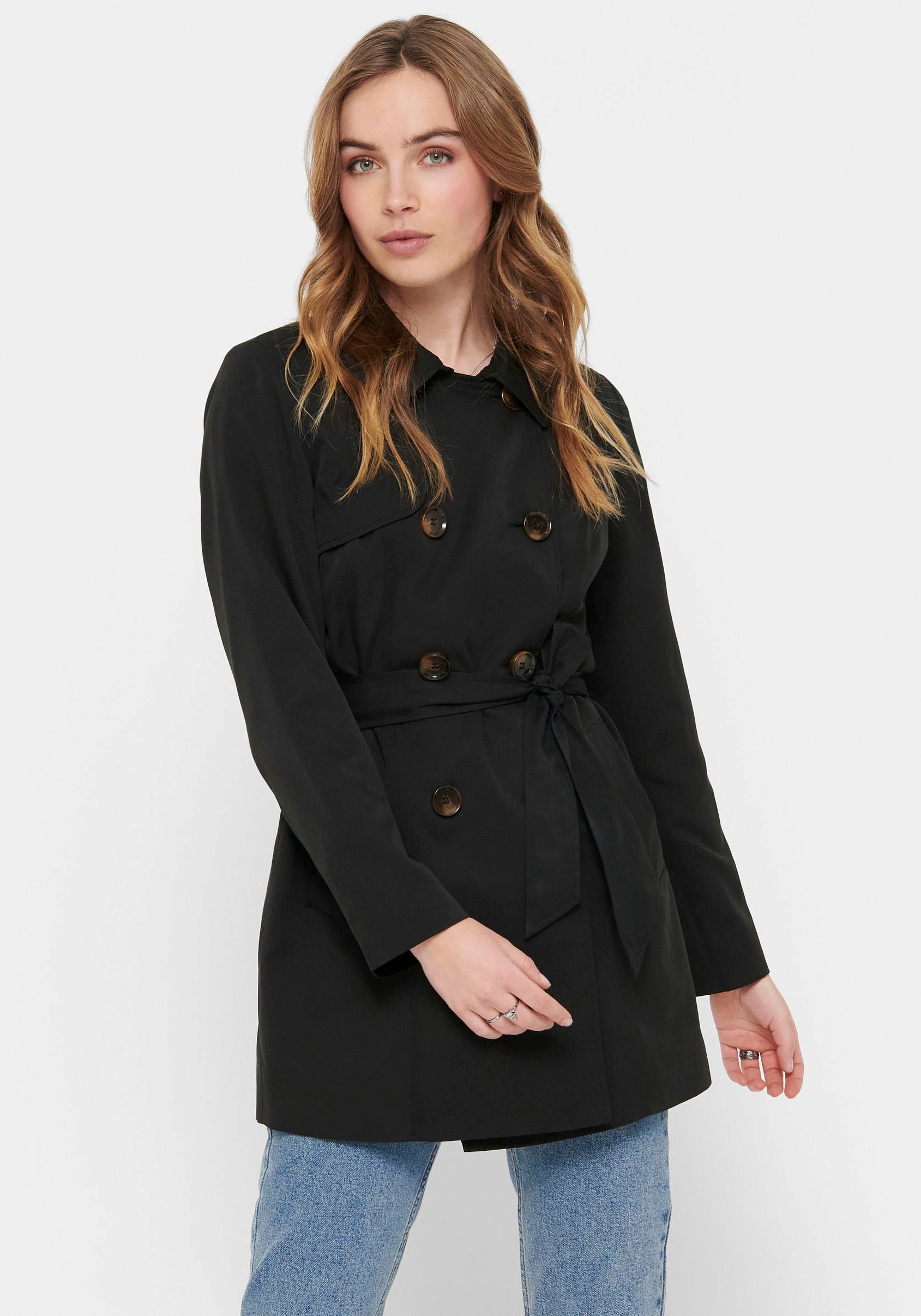 Image of ONLY Trenchcoat "ONLVALERIE TRENCHCOAT OTW NOOS" Kunstfaser, doppelreihig mit Gürtel