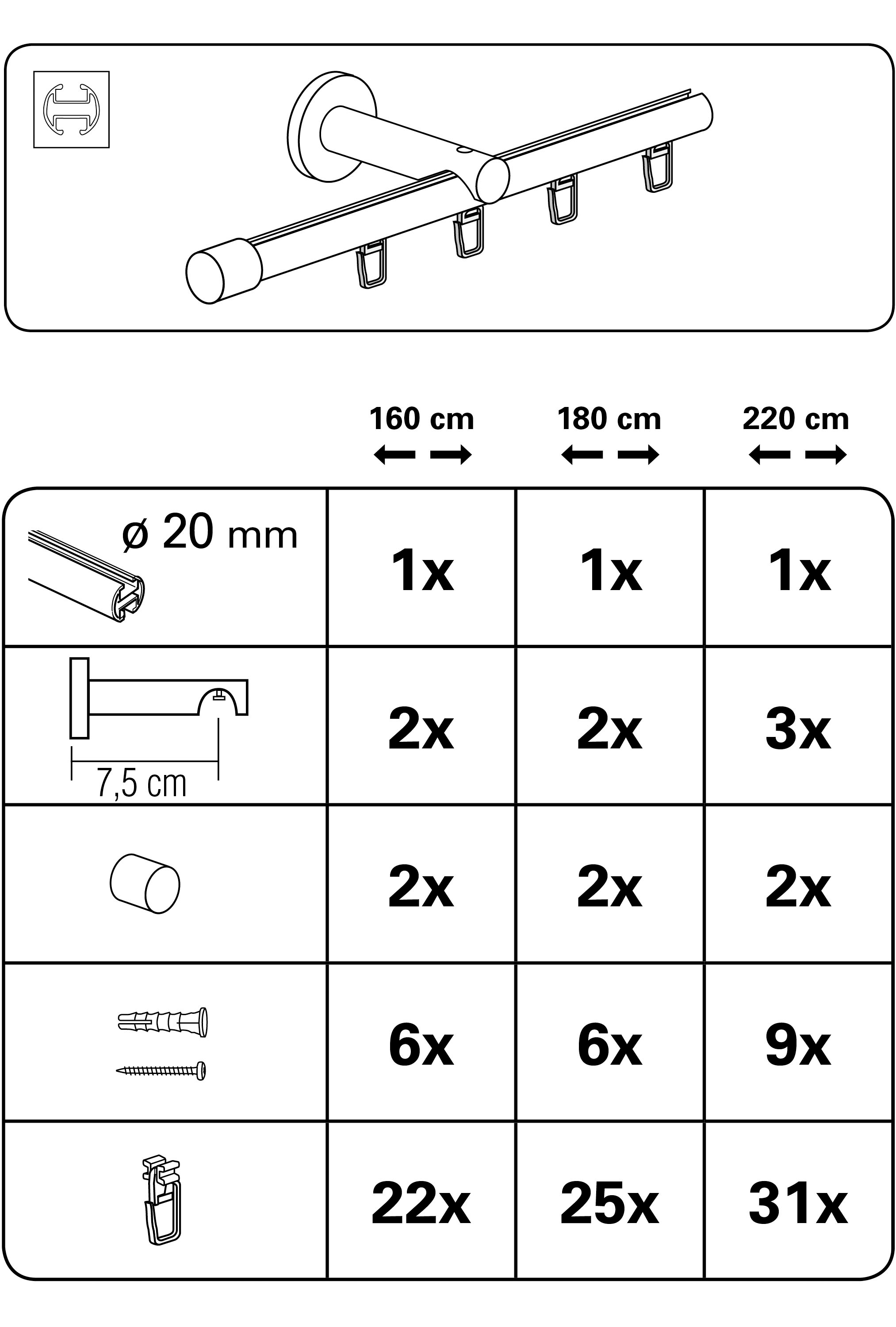 GARDINIA Gardinenstange »Set Isa 1-Lauf mit Innenlauf II« Ø 2 mm 1 läufig-läufig mit Bohren, Wandmontage, Metall, Komplettes Gardinenstangen-Set