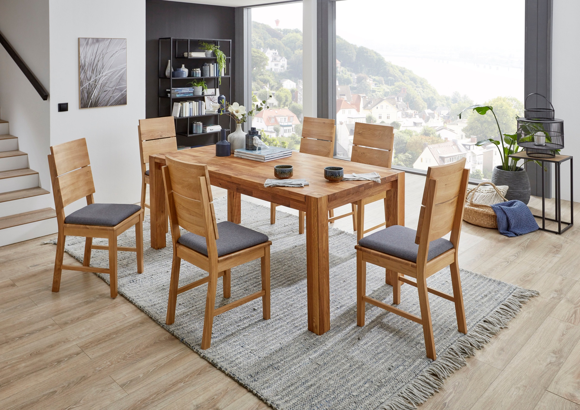 Image of Holzzone Essgruppe »Ken«, (Set, 7 tlg.), Essgruppe, Wildeiche massiv, bestehend aus 6 modern gepolsterten Stühlen und einem 180 cm breiten Tisch bei Ackermann Versand Schweiz