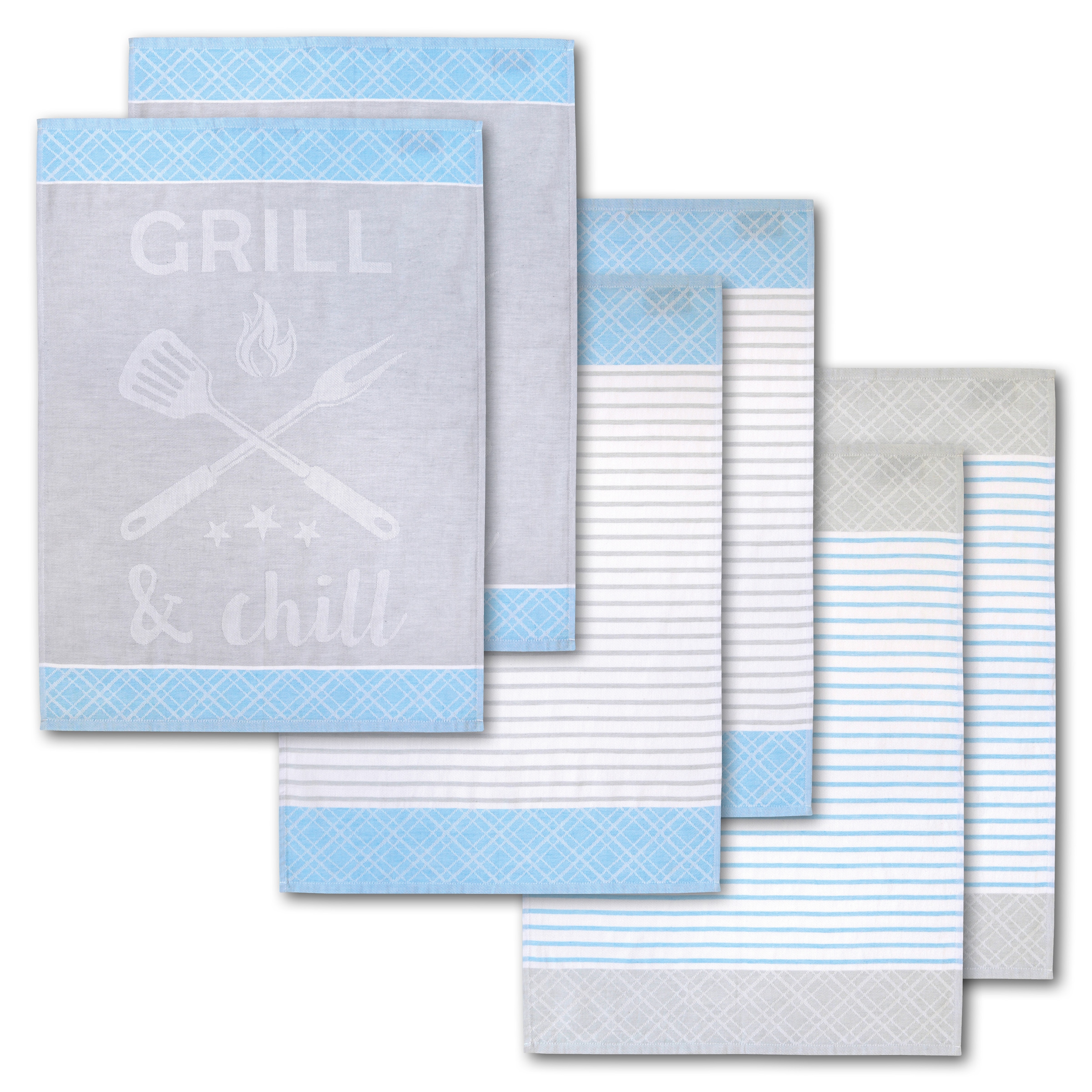 Image of Dyckhoff Geschirrtuch "Grill & Chill, mit 3 verschiedenen Motiven, Masse je Tuch ca. 50x70 cm" aus 100% Baumwolle, mit Grillbesteck-Motiv und Schriftzug