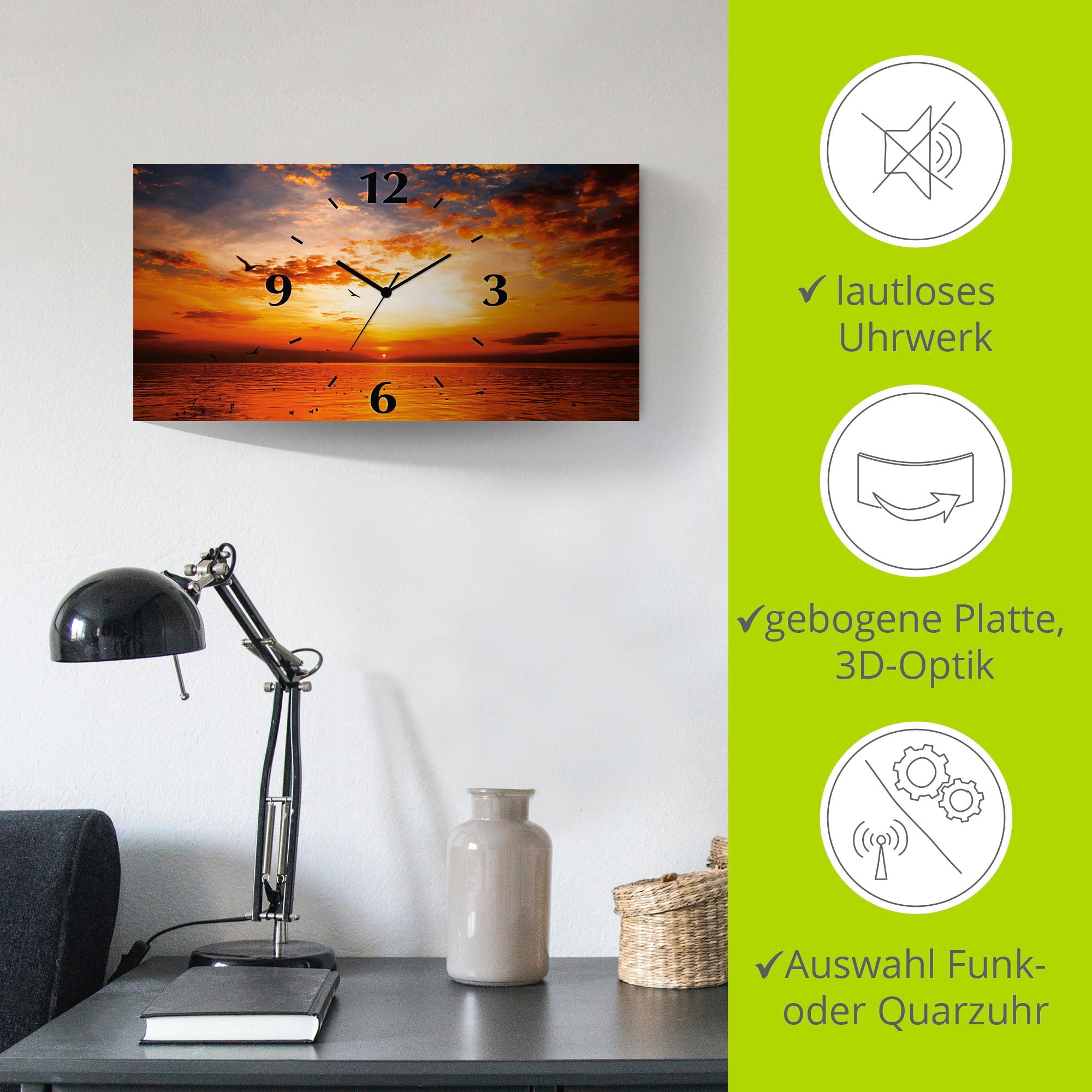 Artland Wanduhr »Sonnenuntergang am Strand«, 3D Optik gebogen, mit Quarz- oder Funkuhrwerk, versch. Grössen