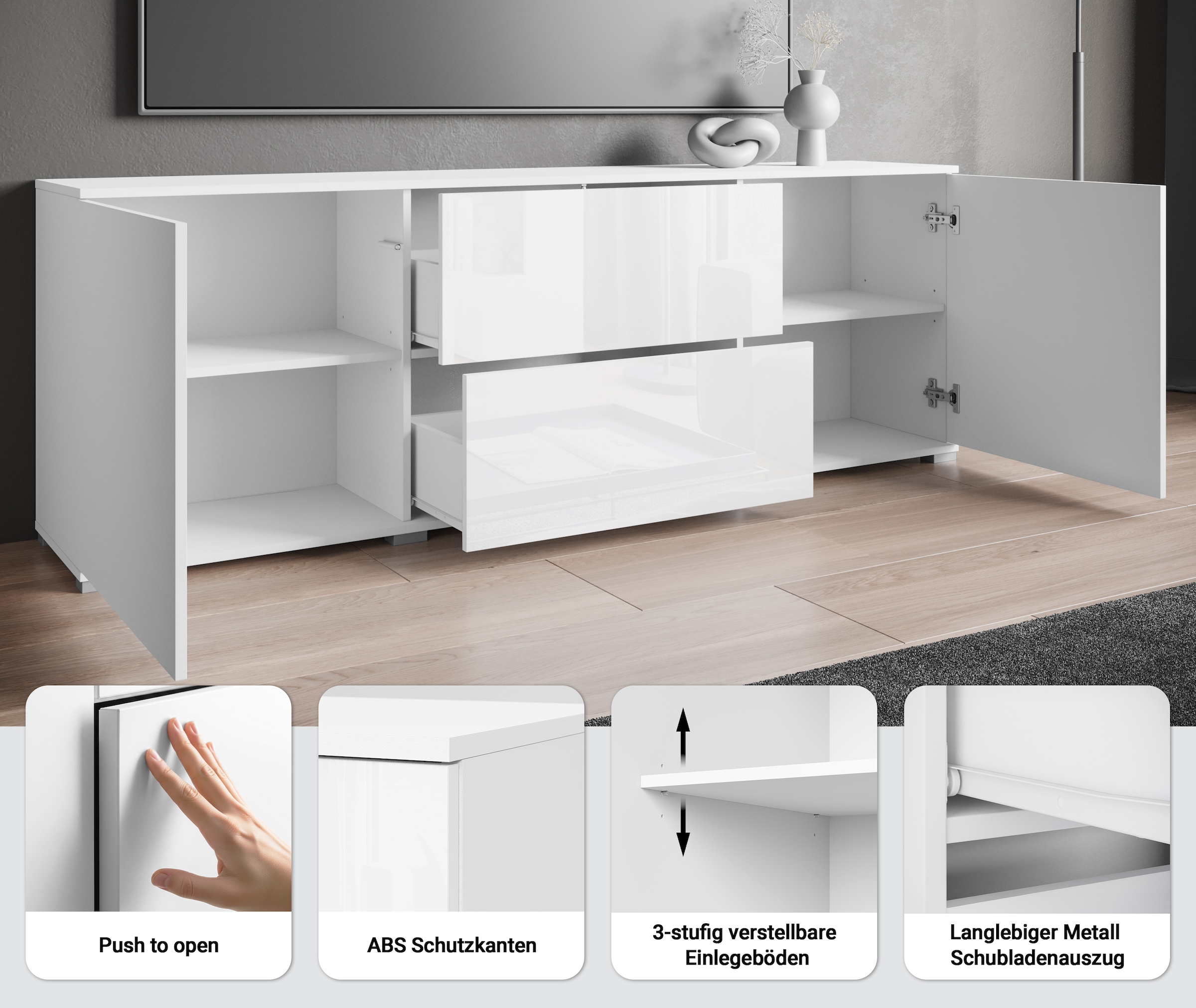 GOODproduct Lowboard »Kenia« 1 Stk. tlg. 2 Türen, 2 Schubladen, Breite 180 cm, höhenverstellbare Einlegeböden