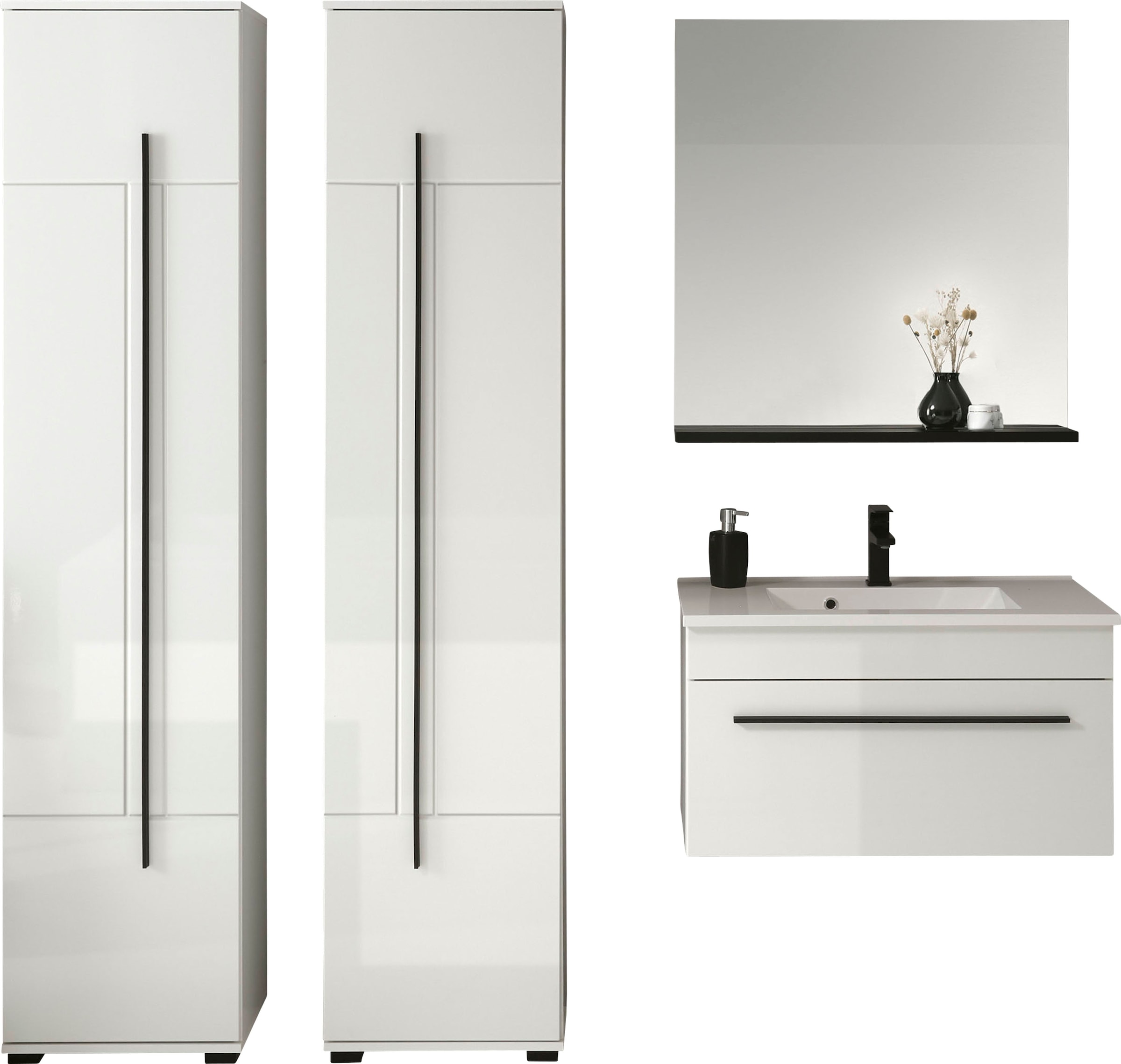 INOSIGN Badmöbel-Set »Cantara, Bad im modernen Design, 4-teiliges Badezimmer«, (Set, 4 St.), Waschtisch, Schränke und Spiegel, in Weiss Hochglanz, viel Stauraum