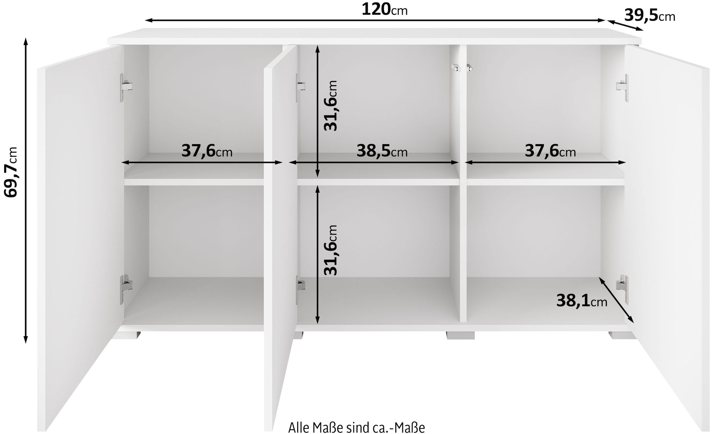 GOODproduct Sideboard »Kenia, moderne grifflose Kommode mit 3 Türen, Breite 120 cm« 1 Stk. tlg. Push-to-Open-Fronten, höhenverstellbaren Einlegeböden