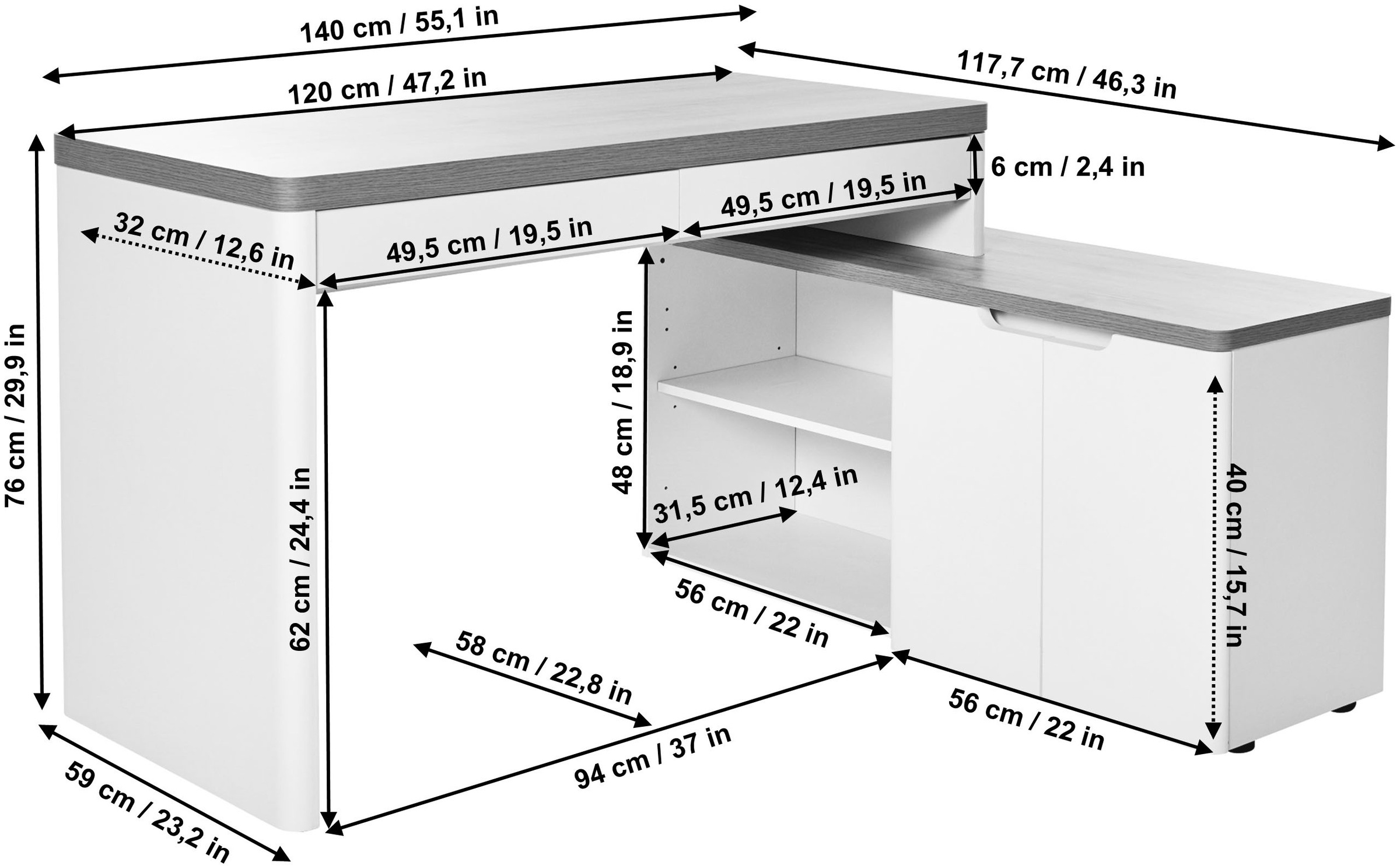 Jahnke Bureau d'angle »LIBRE C 155 E« 1 cuis tlg. montage réversible, largeur env. 140 cm