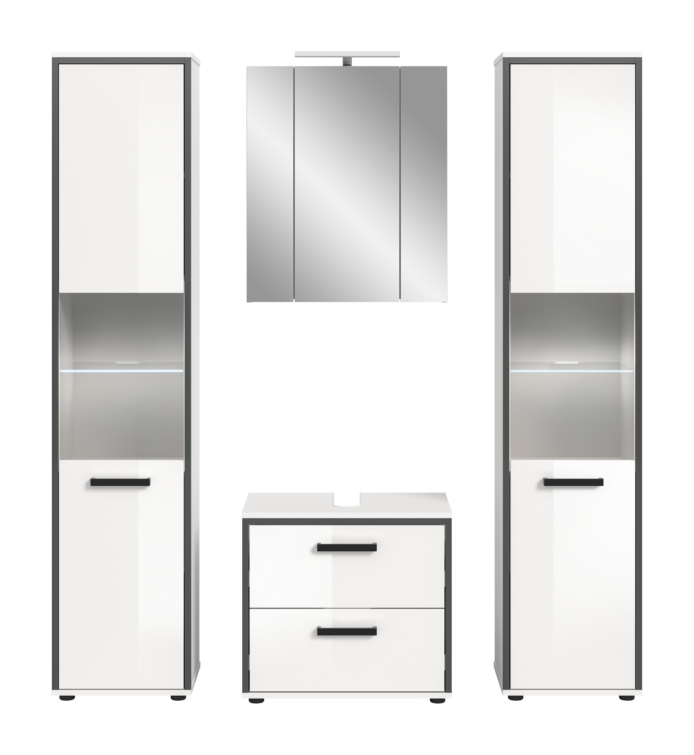 welltime Ensemble de meubles de salle de bain »KAJO, 4-tlg. Badkombination, weiss hochglanz inkl.Beleuchtung« Set, Set, best. aus: 2 Hochschränken,WBU,Spiegelschrank,Beleuchtung, 7 cuis tlg.