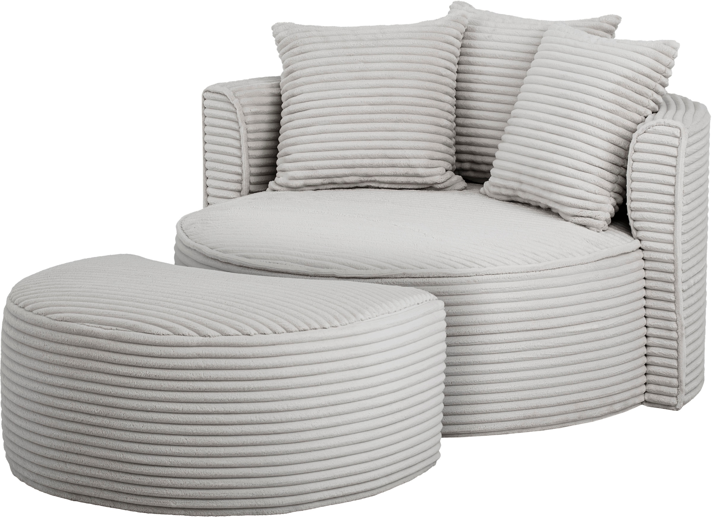 LeGer Home by Lena Gercke XXL-Sessel »ISALIE, Rundsessel mit Hocker, Lesesessel, Loveseat, Big-Sessel«, (Set), trendige Stoffe, 3 Zierkissen, grosse Sitzfläche, Cord, Samt, Bouclé