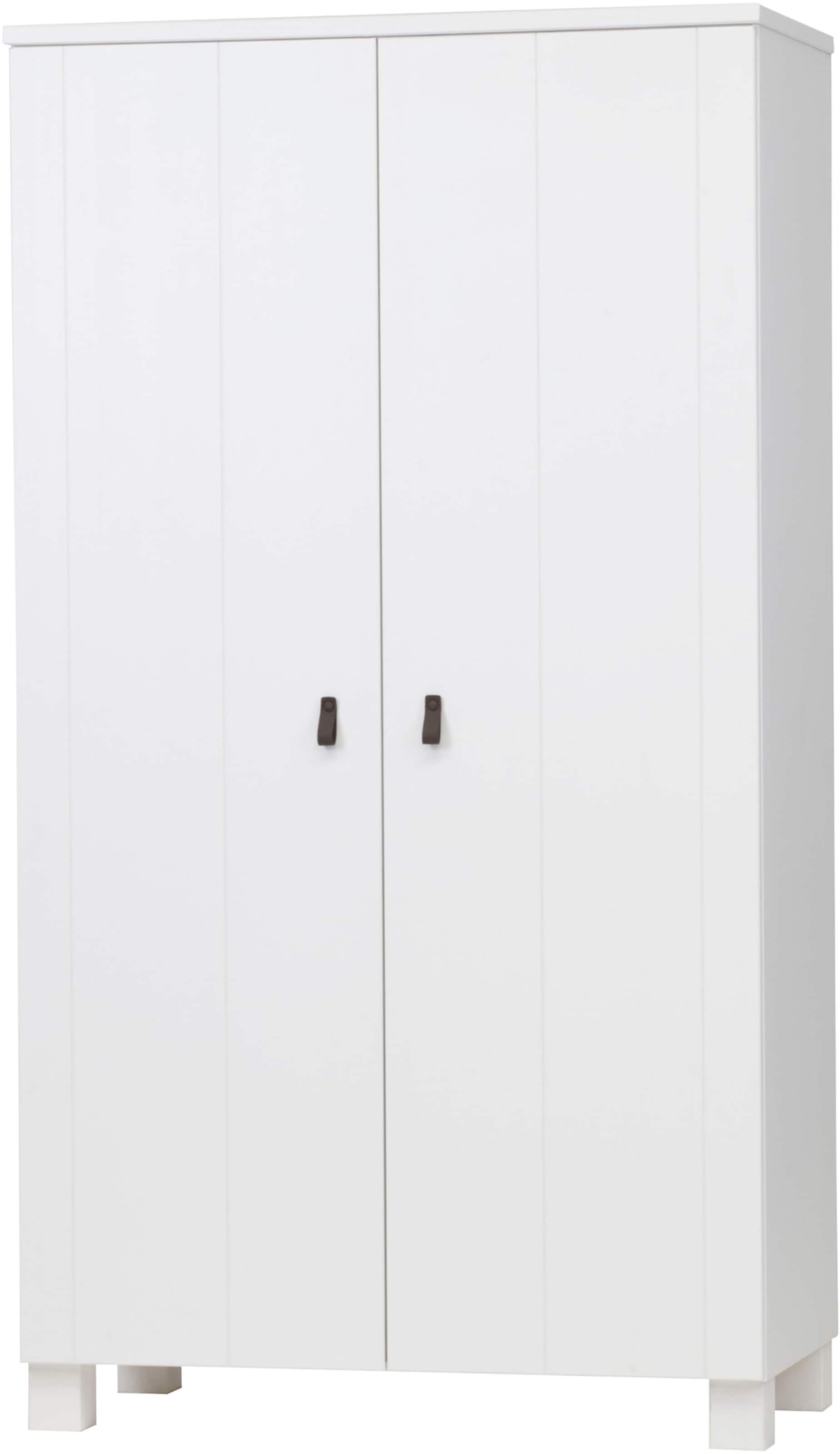 Image of WOOOD Garderobenschrank "Ties FSC-Kiefernholz gebürstet mit Ledergriffen, H202 x B111 x T55 cm" V-Nuten-Türen, Tragkraft 10 kg pro Einlegeboden, Melamininterieur