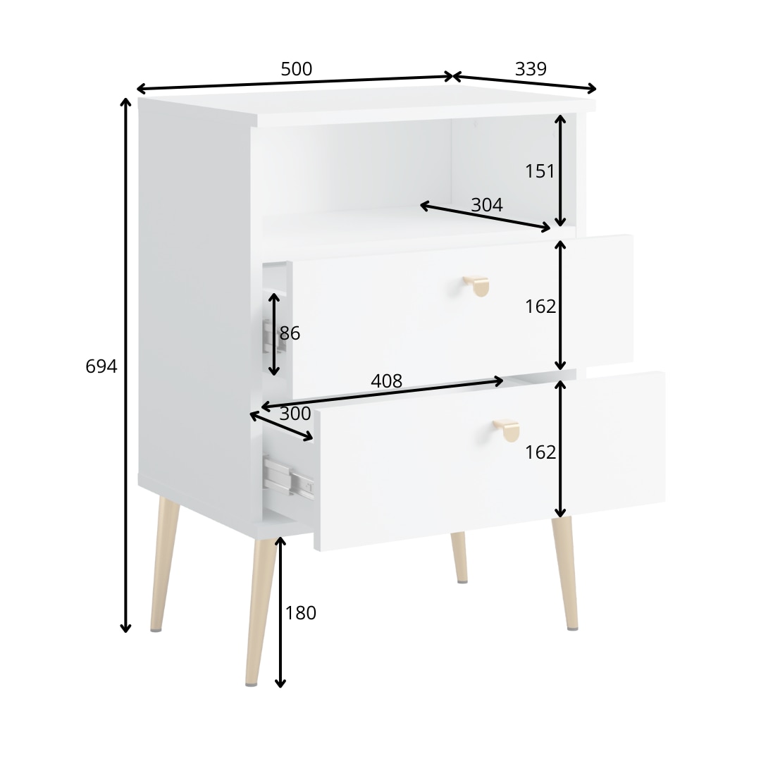 INOSIGN Nachttisch »Elyria, Metallgriffe, FSC-zertifizierter Holzwerkstoff«, (Nachtkommode B/T/H 50/34/69cm), mit 2 Schubladen, 1 offenes Fach, viele Farben mit goldfarbenfb. Details