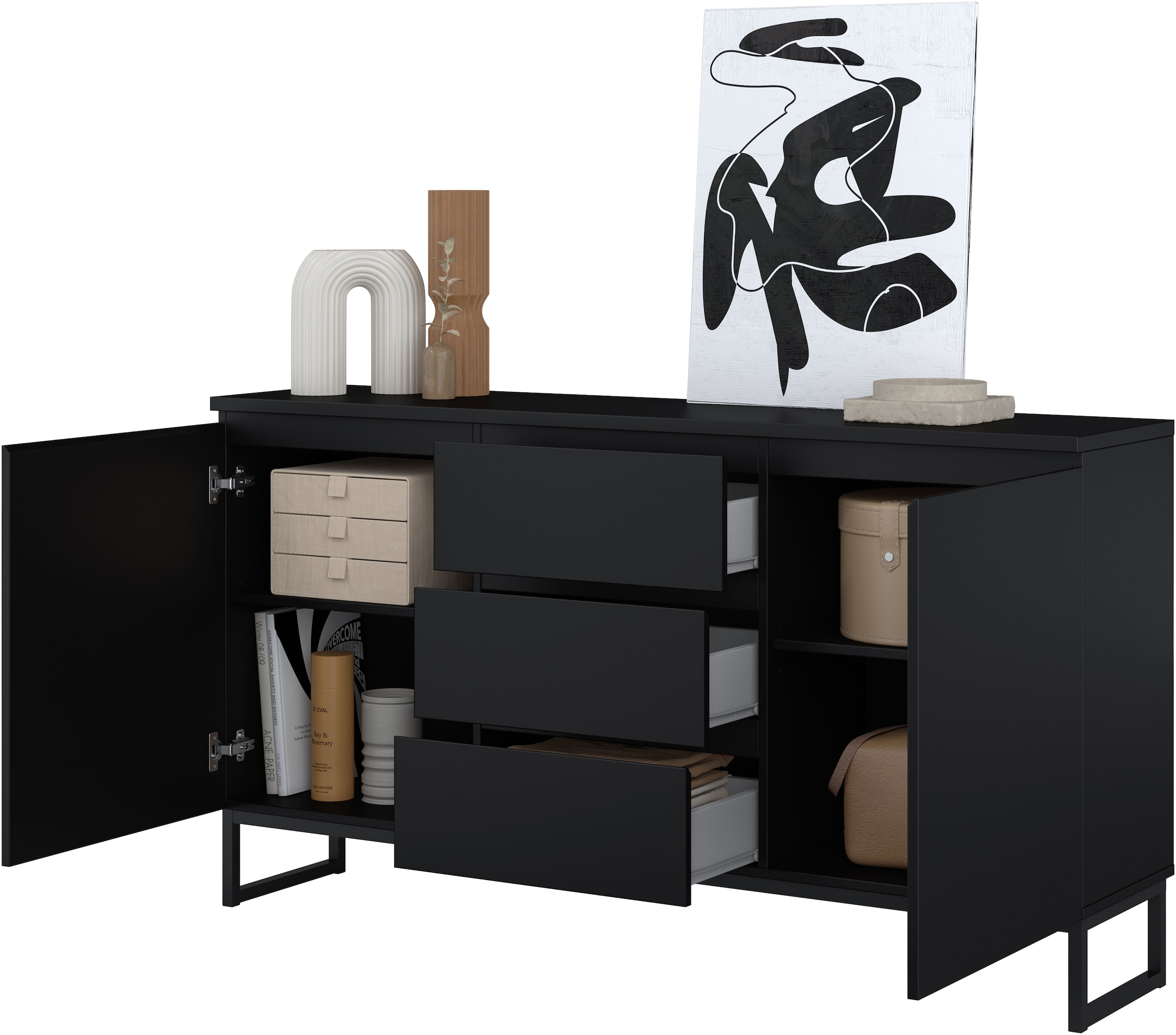 GOODproduct Buffet »Modo II, Breite 150 cm, moderne grifflose Kommode 2Türen/3 SK« commode à tiroirs avec beaucoup d'espace de rangement, étagères réglables, patins en métal