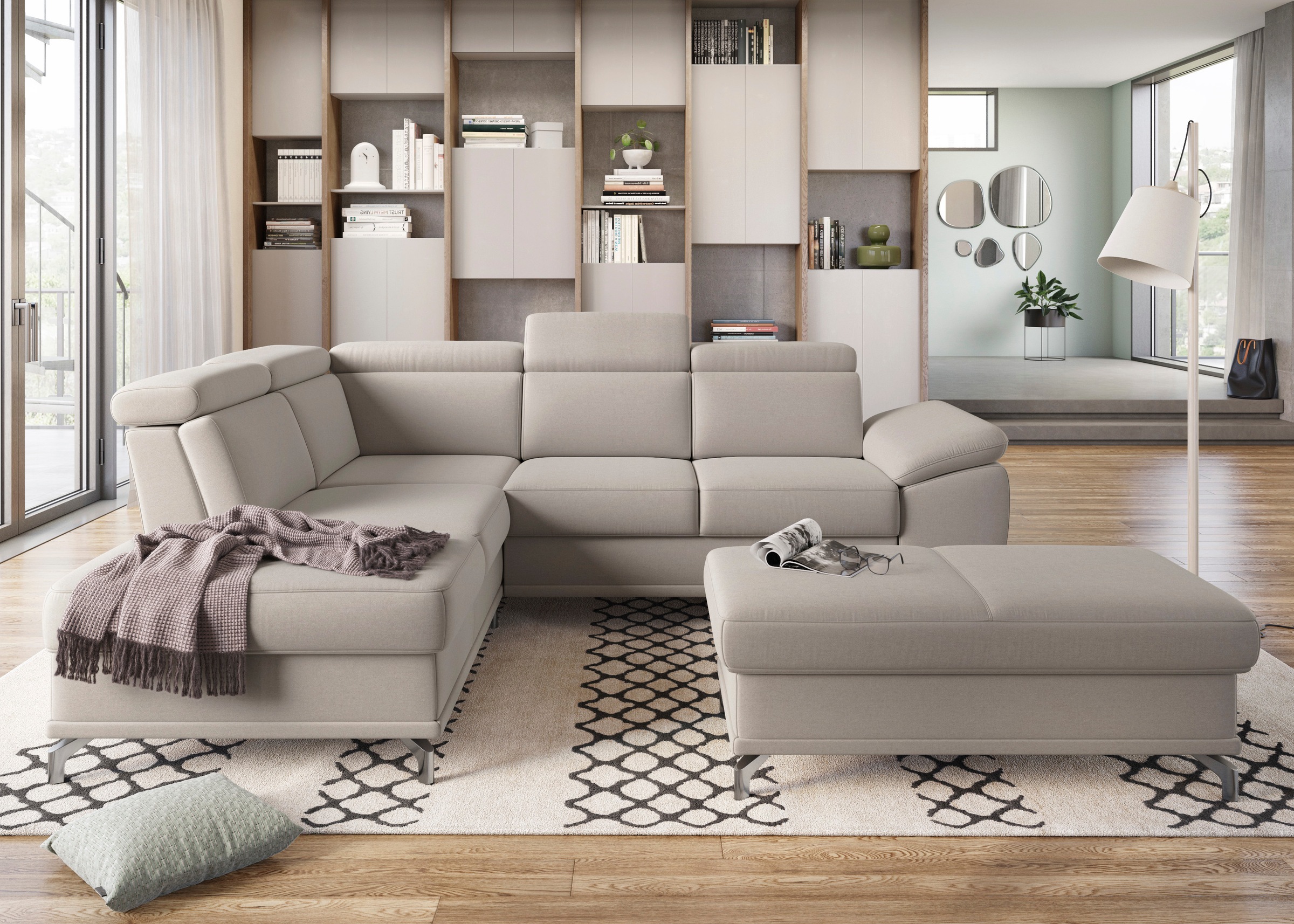 sit&more Ecksofa »Cabrio L-Form, B: 274 cm, mit Sitztiefen-, Arm- & Kopfteilverstellung« 3 Nierenkissen, Federkern, optional Bettfunktion und Stauraum