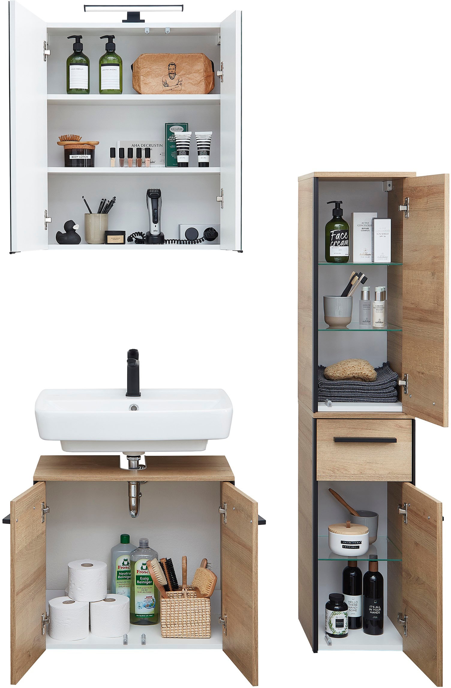 Saphir Ensemble de meubles de salle de bain »Quickset 395 3-teilig, Waschbeckenunterschrank mit LED-Spiegelschrank« 4 cuis tlg.
