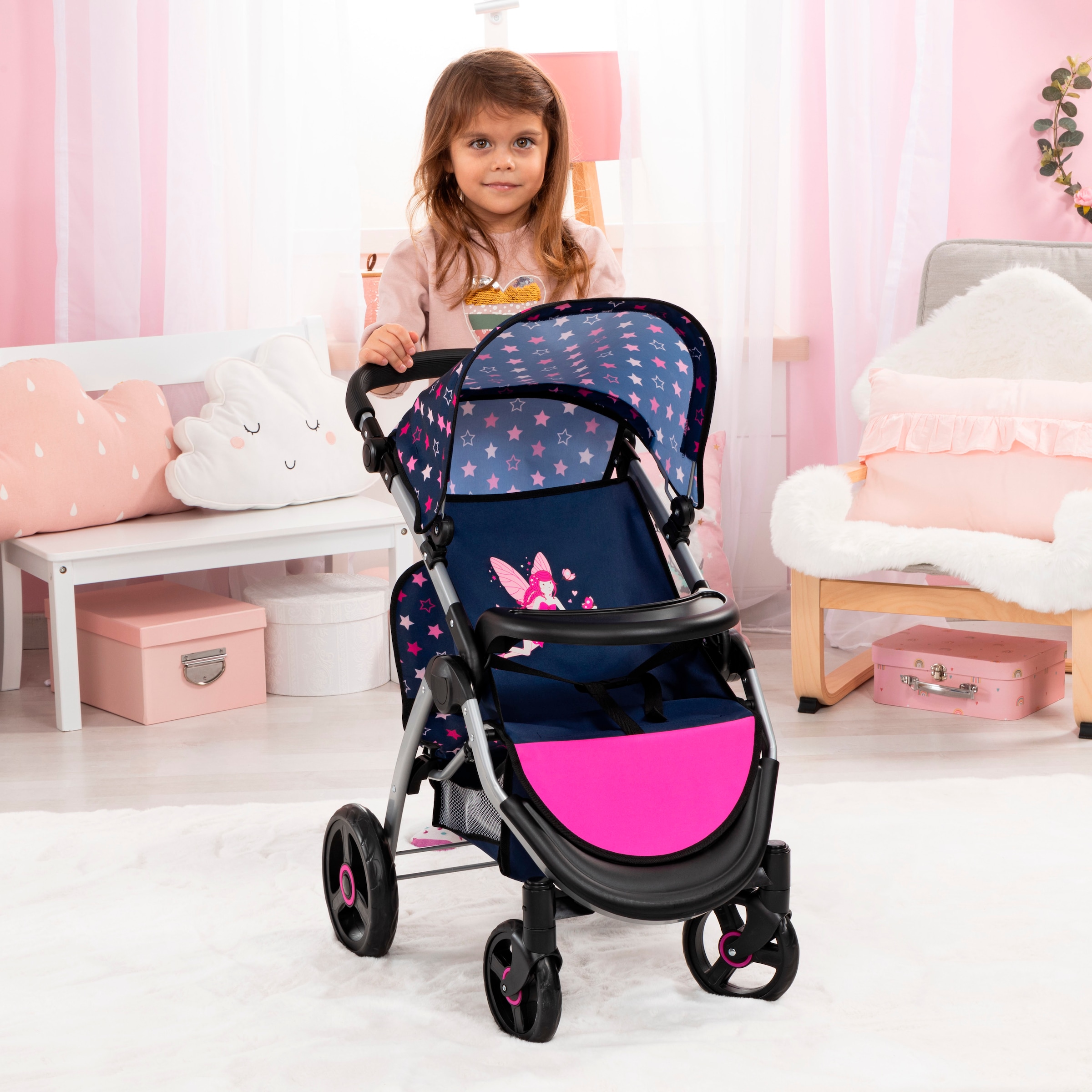 Bayer Poussette jumelle pour poupée »Twin Star, blau/pink« mit Wickeltasche