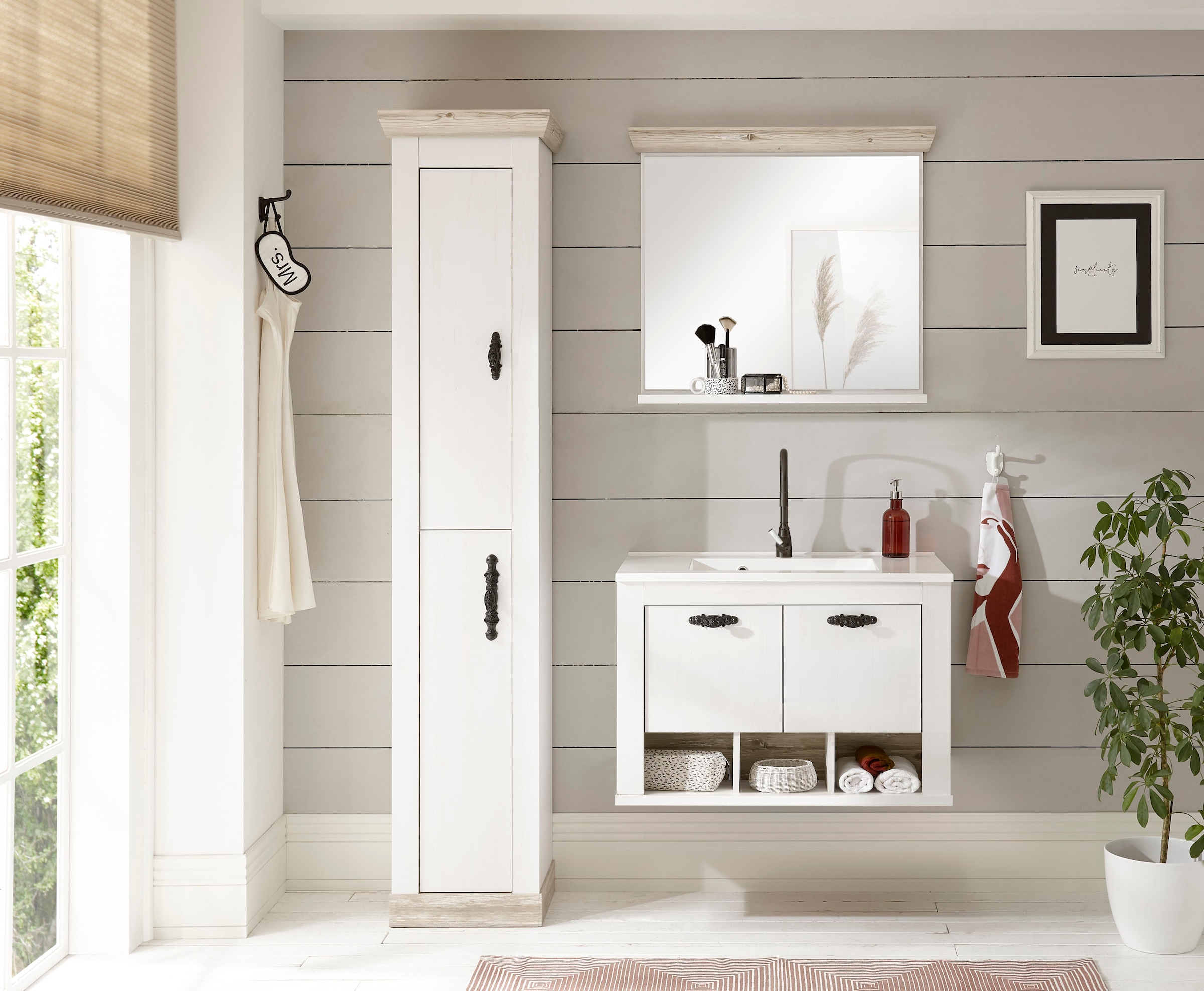 Home affaire Badmöbel-Set »Florenz, Bad im Landhausstil, 3-teiliges Badezimmer«, (3 St.), Hänge-Waschtisch, Schrank und Spiegel, in Pinie Weiss, Stauraum