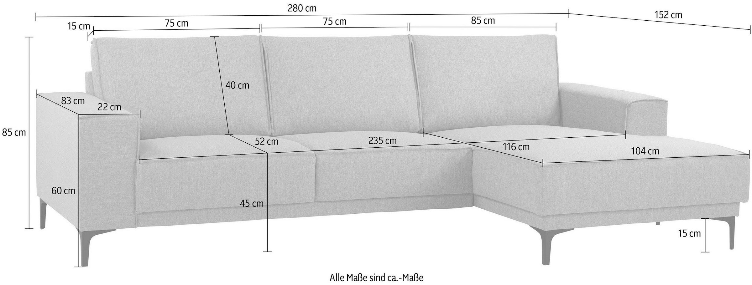 Places of Style Ecksofa »Polsterecke Oland, Struktur, Flachgewebe, Luxus-Microfaser, Boucle«, L-Form, 280 cm, Wellenunterfederung, Skandi-Design, Metallfüsse