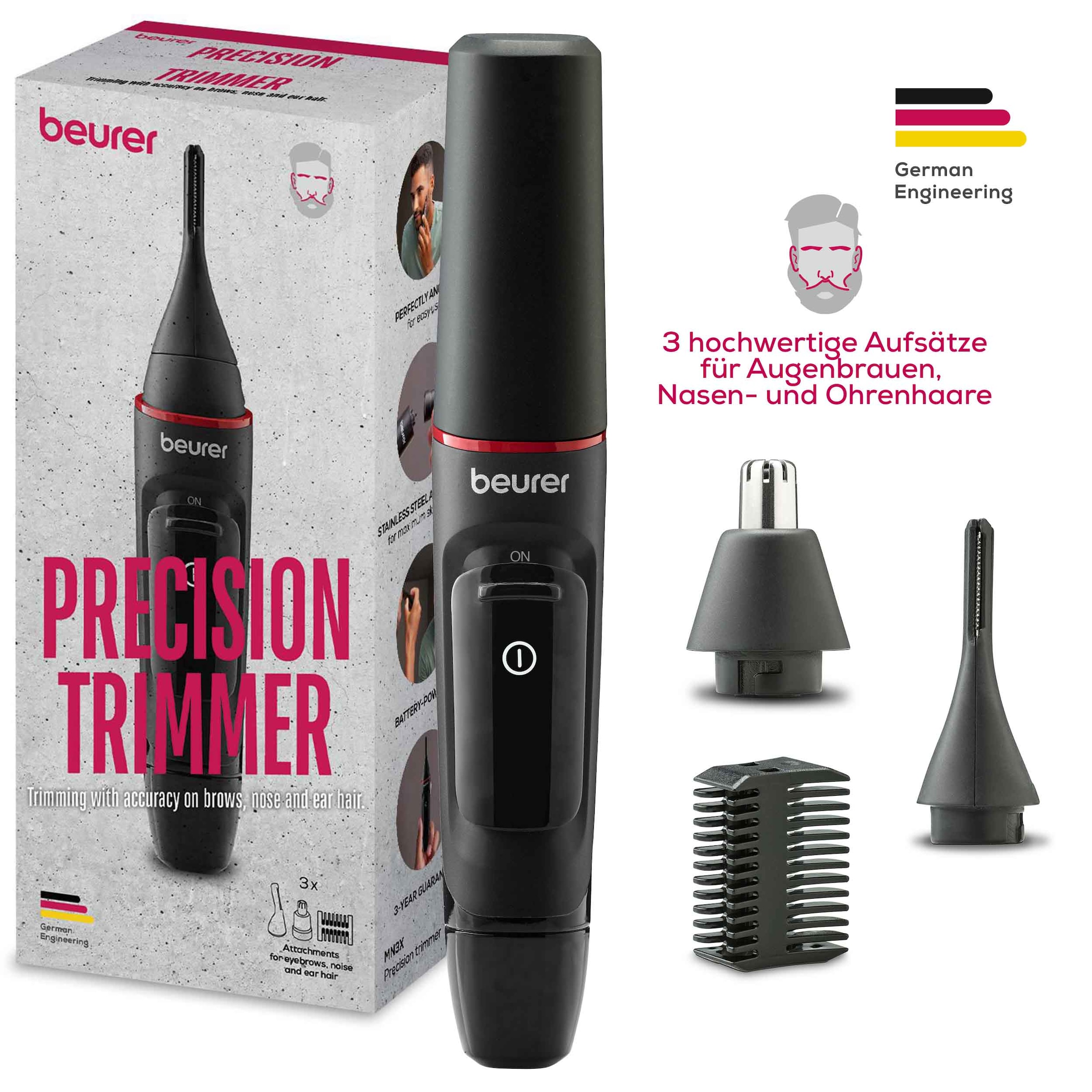 BEURER Tondeuse pour nez et oreilles »MN3X, Präzisionstrimmer für Augenbrauen, Nasen- sowie Ohrhaare« 3 Aufsätze Mit 2 Aufsätzen und extra Kammaufsatz mit 3 und 6 mm