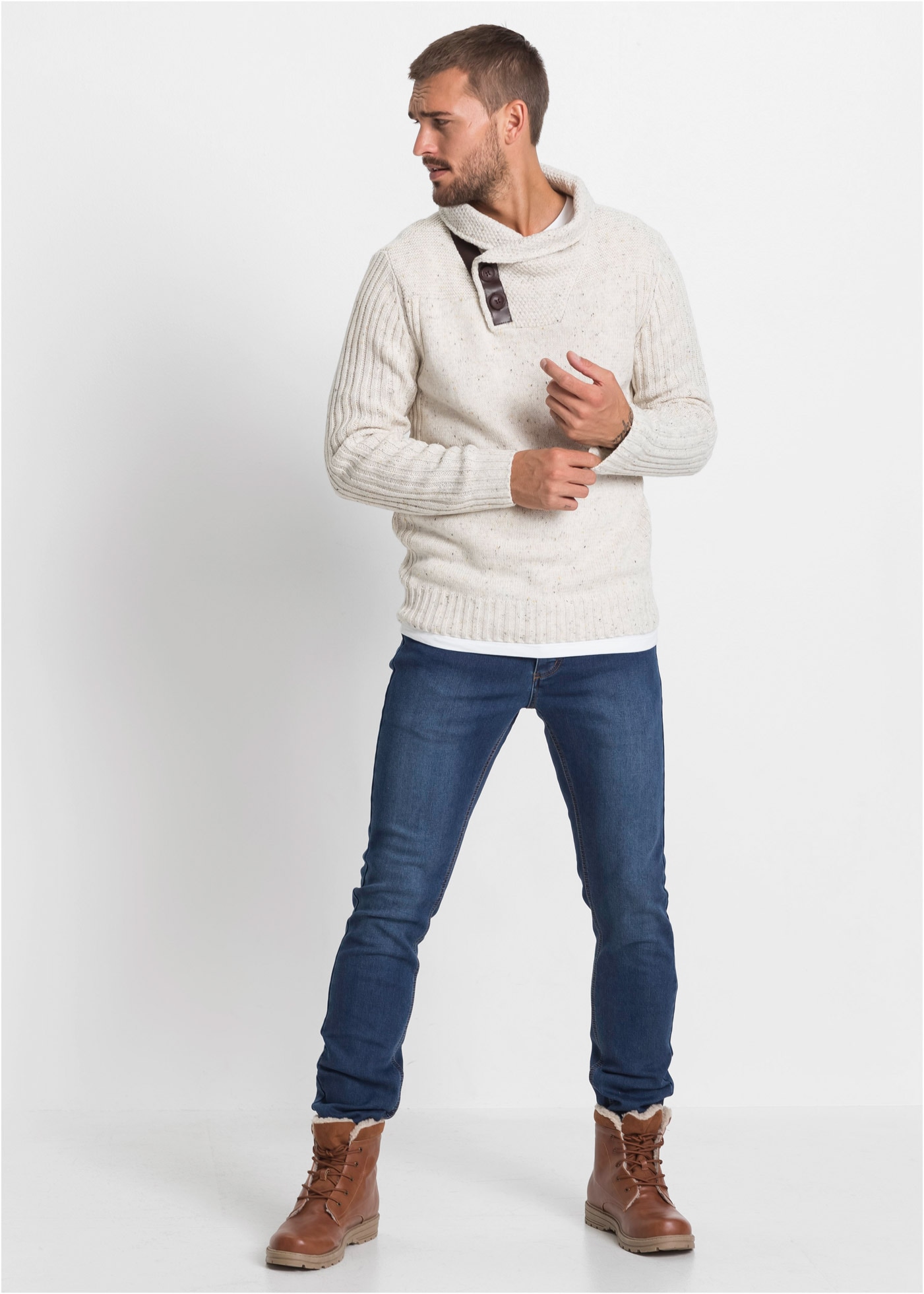 bonprix Pull en tricot mit Schalkragen und Knopfverschluss, Langarm