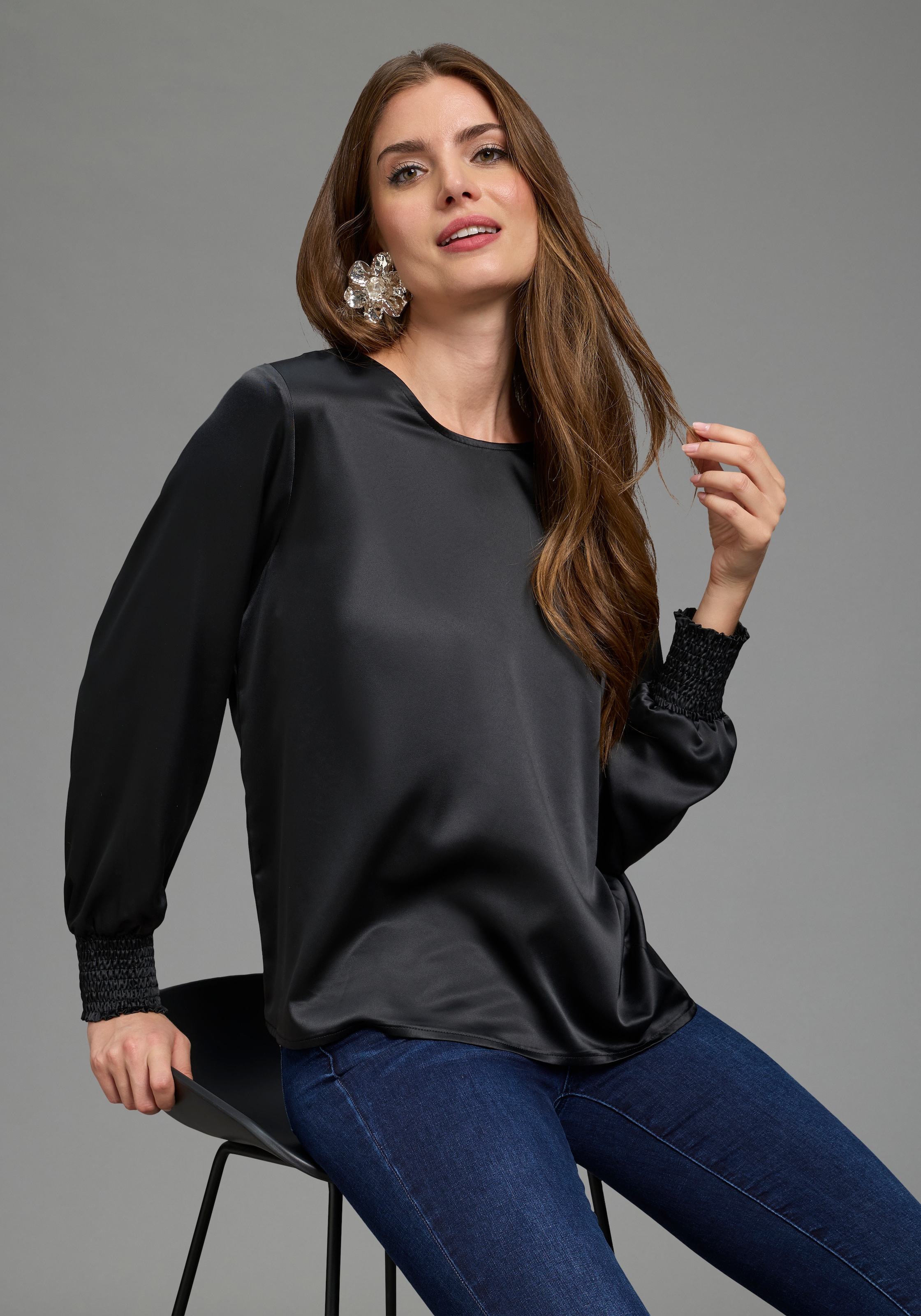 Laura Scott Blouse à enfiler Blouse en satin festive, bord côte élastique aux manches, tissu brillant