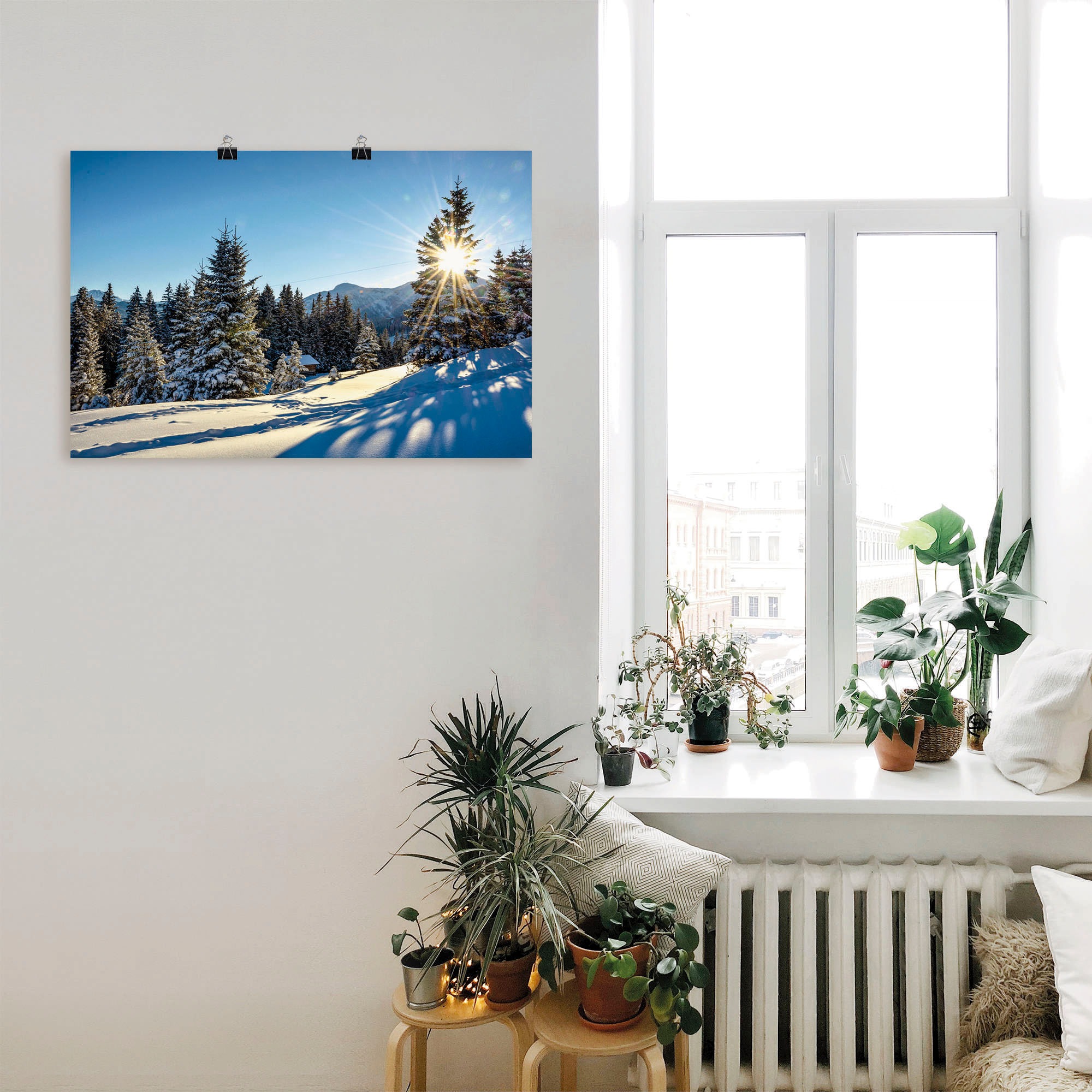 Artland Poster »Winterlandschaft mit Sonnenstern«, Berge, (1 St.), als Alubild, Leinwandbild, Wandaufkleber oder Poster in versch. Grössen