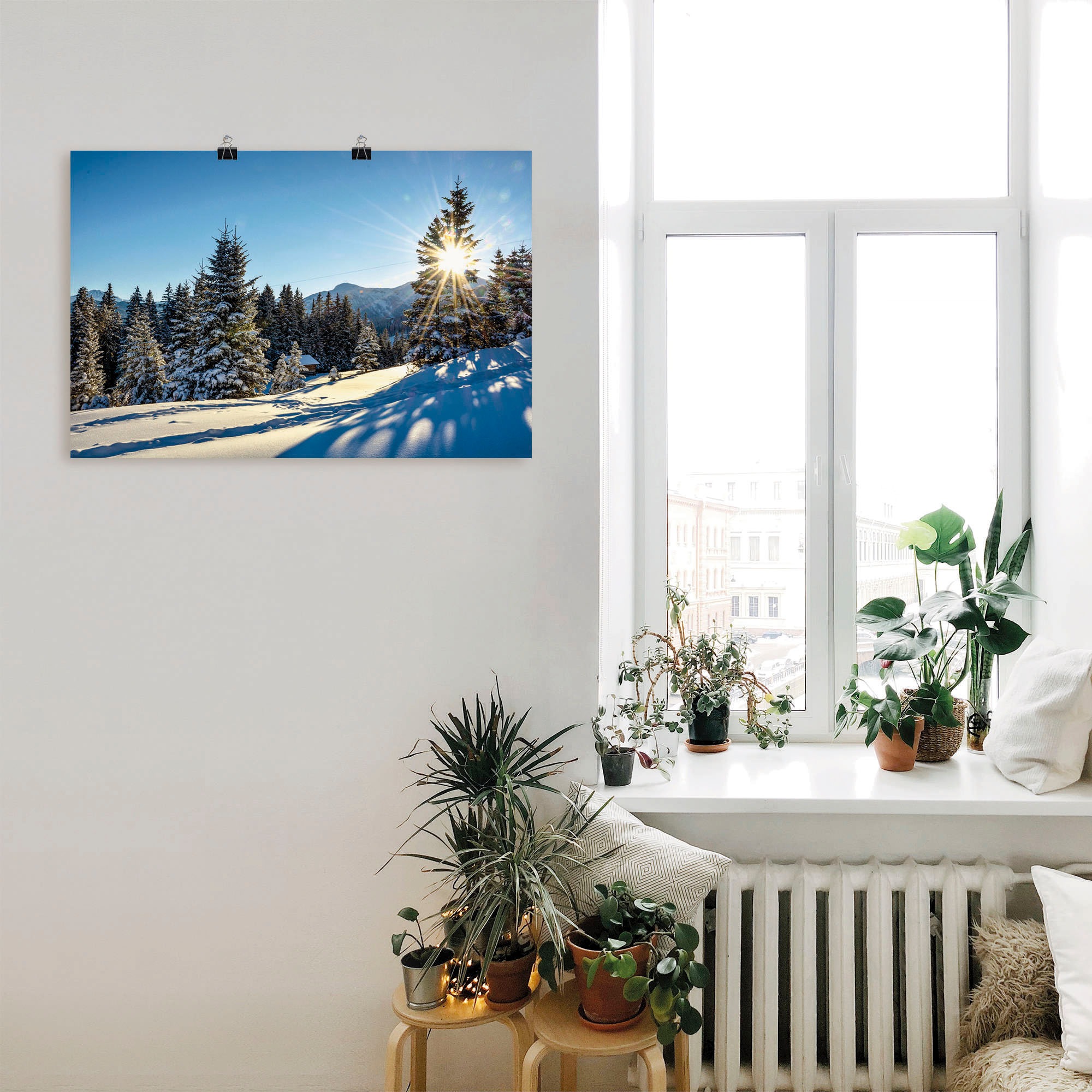 Berge, günstig Grössen Wandaufkleber oder Alubild, Artland Poster versch. Sonnenstern«, St.), in mit kaufen als (1 »Winterlandschaft Leinwandbild, Wandbild