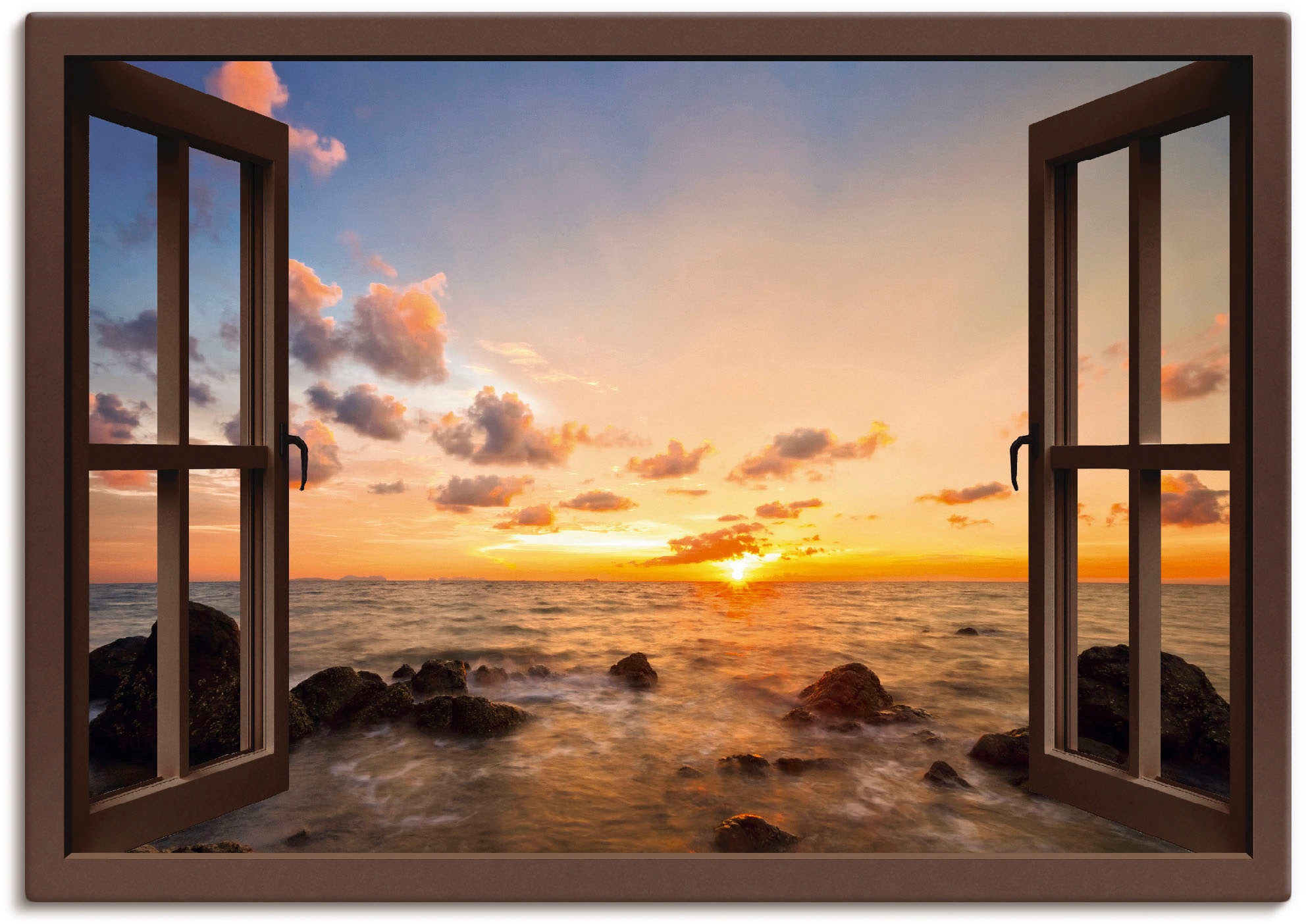 Image of Artland Wandbild »Fensterblick Sonnenuntergang am Meer«, Fensterblick, (1 St.), in vielen Grössen & Produktarten - Alubild / Outdoorbild für den Aussenbereich, Leinwandbild, Poster, Wandaufkleber / Wandtattoo auch für Badezimmer geeignet bei Ackermann Ver