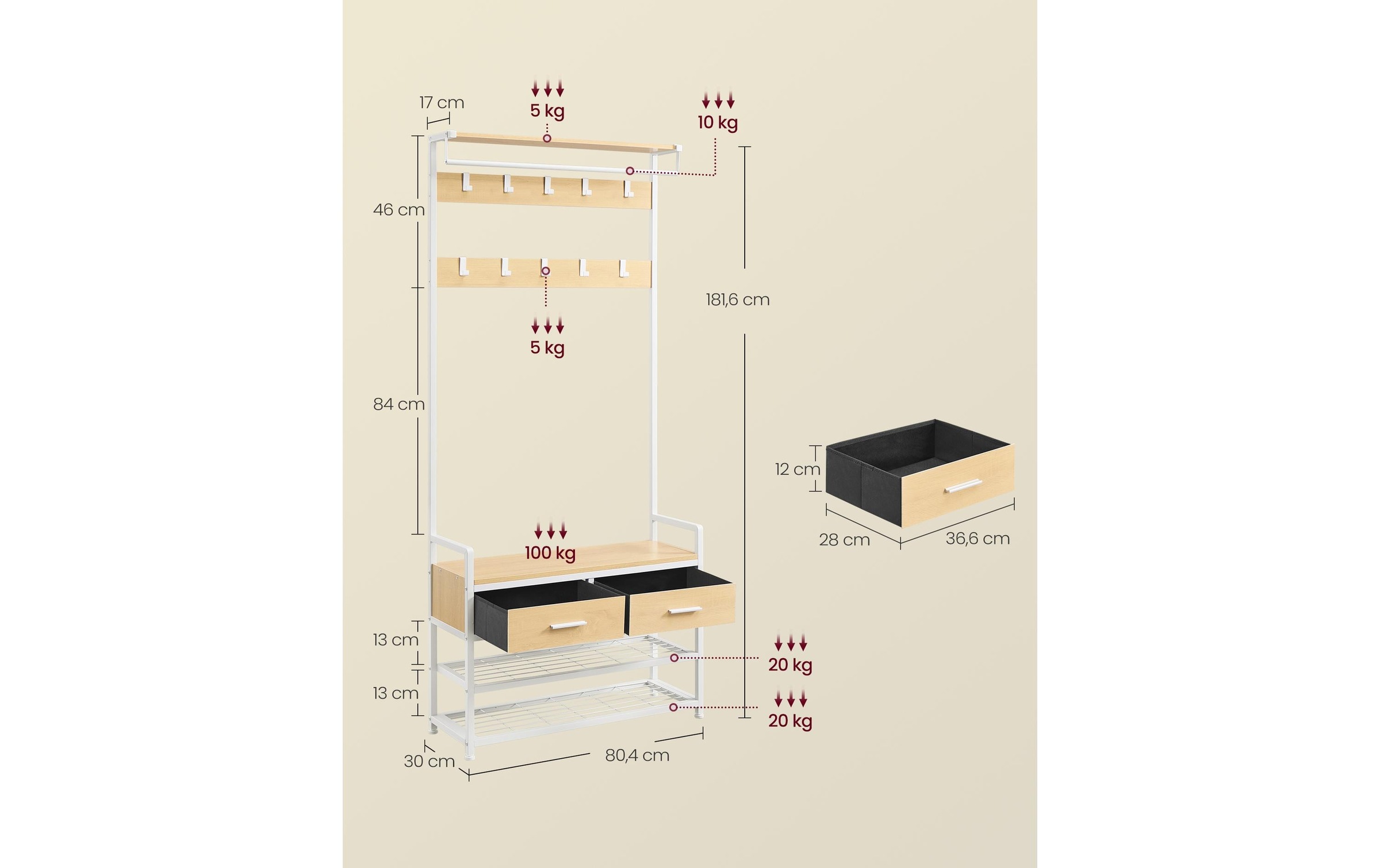 VASAGLE Garderobenständer »80.4 x 30 x 181.6 cm« Garderobenmöbel mit Sitzbank und Stauraum