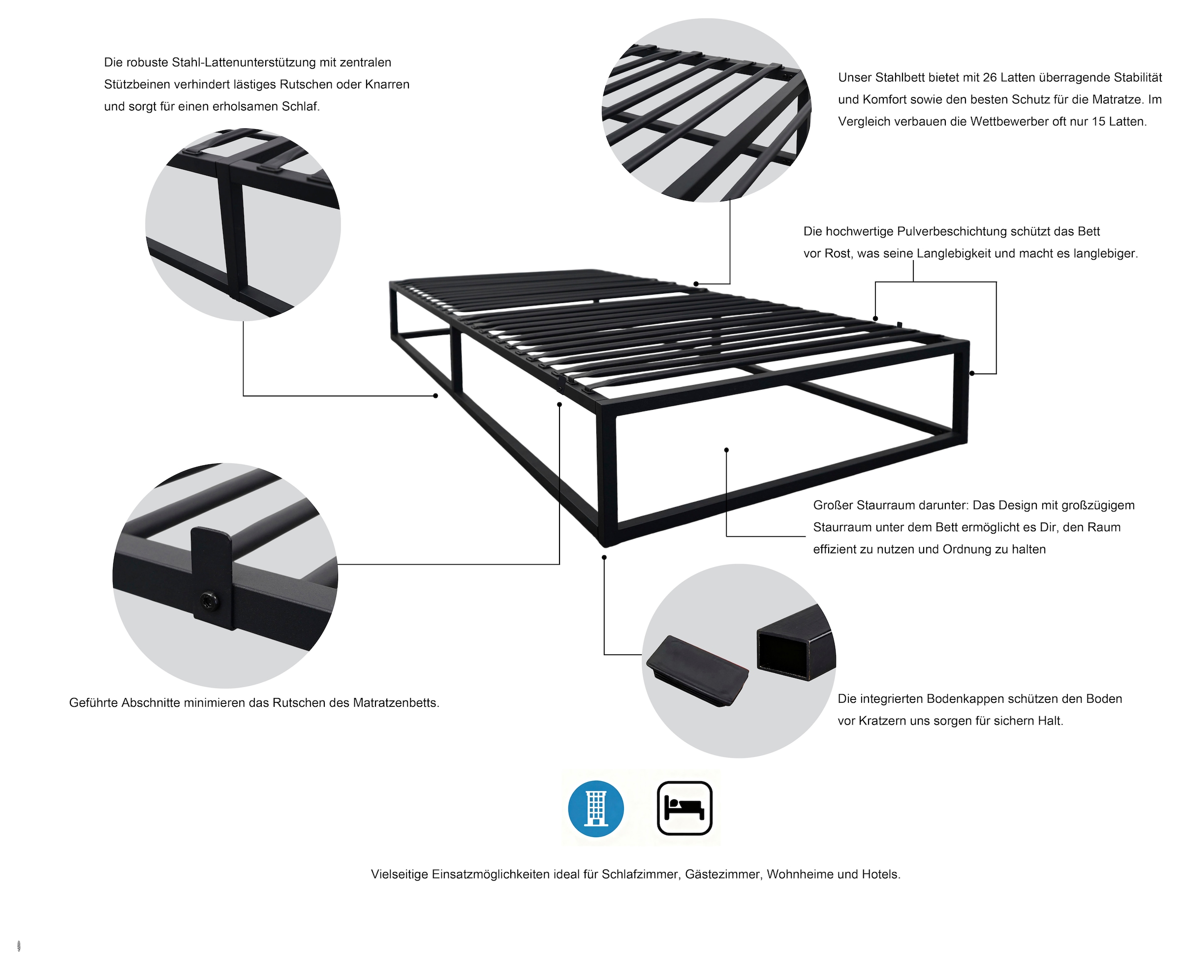 GOODproduct Lit en métal »Stockholm in 3 Breiten Bestseller Otto´s Choice« mit 26 Lattenrosten für den perfekten Schutz deiner Matratze,  Moderner Bettrahmen Bett Schlafzimmer Bettgestell Massiv