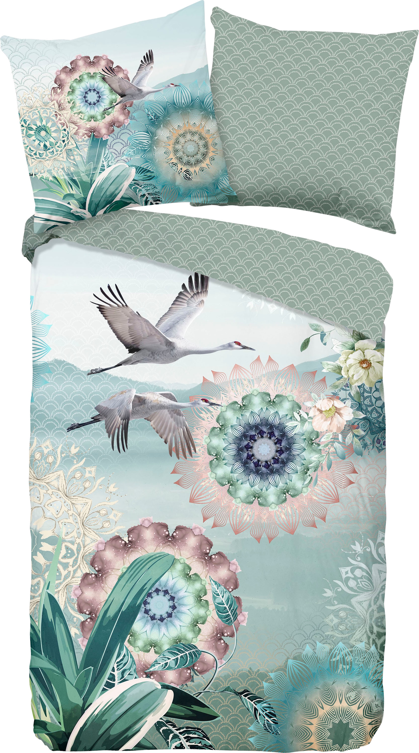 hip Wendebettwäsche »Kimora«, Mako-Satin, 135x200, Reissverschluss, Wendeoptik, Mandala, Vogel, Grün
