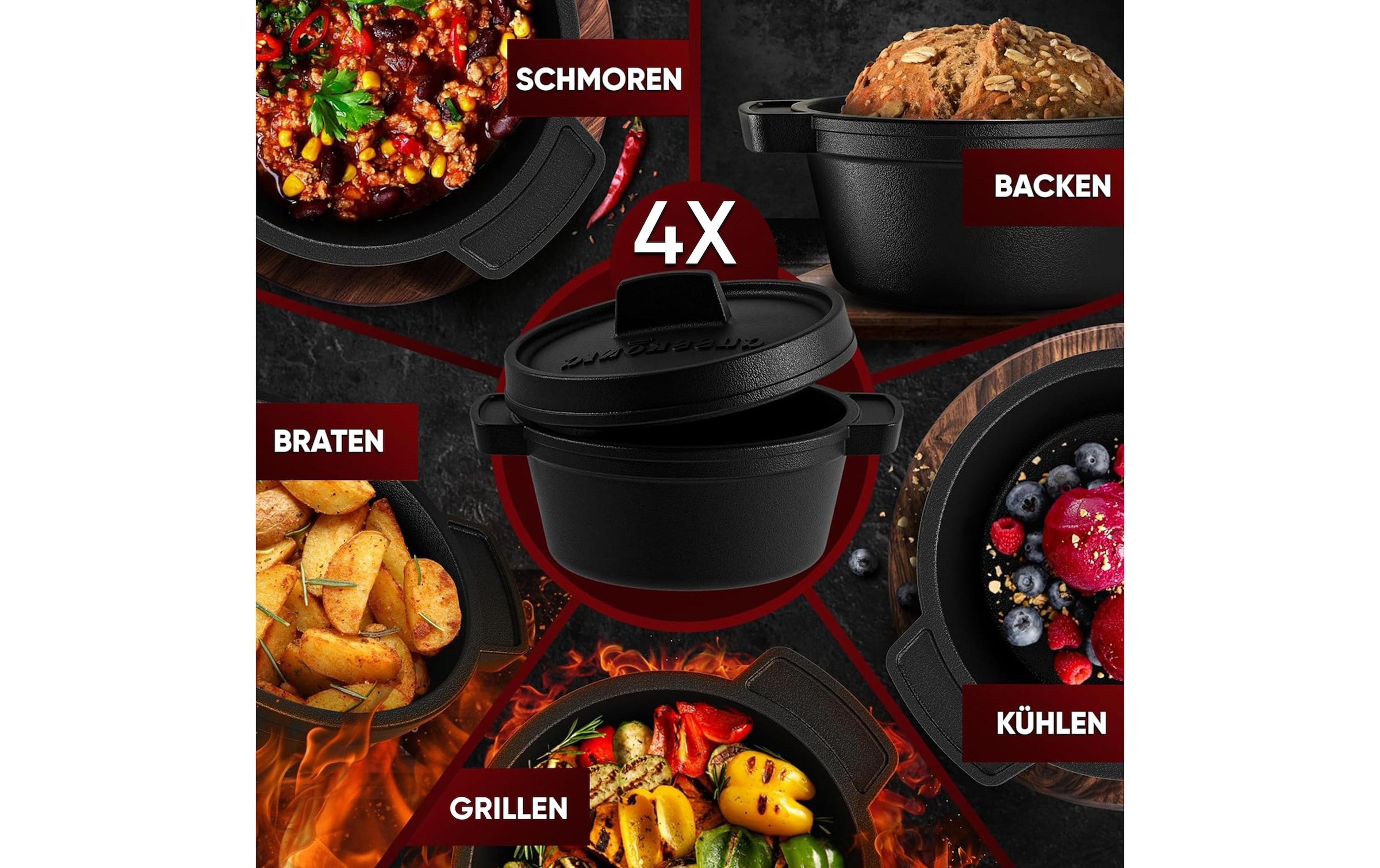   Marmite à barbecue »Gusskoenig Mini Dutch Set 4 Töpfe, Untersetzer« 8 cuis tlg. Set 4 Töpfe mit Holz-Untersetzern und Rezeptbuch