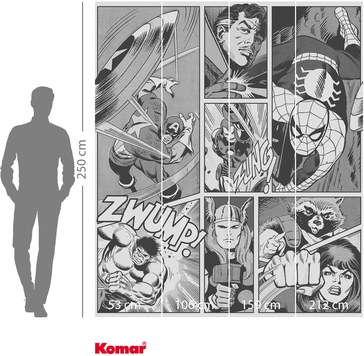 Komar Vliestapete »Marvel Classic Comic Panel Monochrome« bedruckt glatt Rolle mit 212 x 250 cm