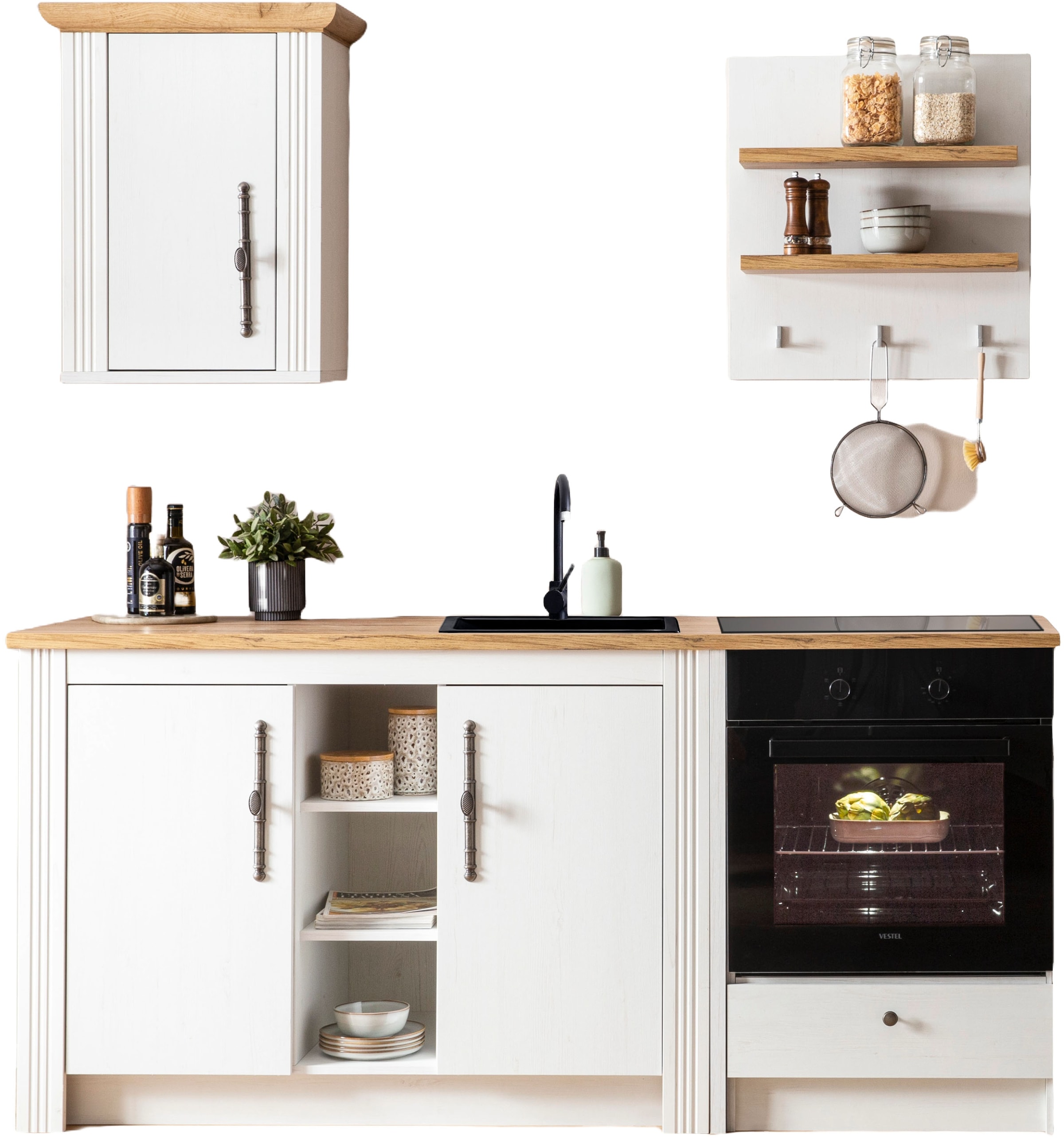 GOODproduct Küchenzeile »KS-Westminster, Pantryküche im Landhaus Stil, hochwertige Metallgriffe« Set,  Breite 194 cm, Kommode, Wandpaneel, Hängeschrank und Herdumbau