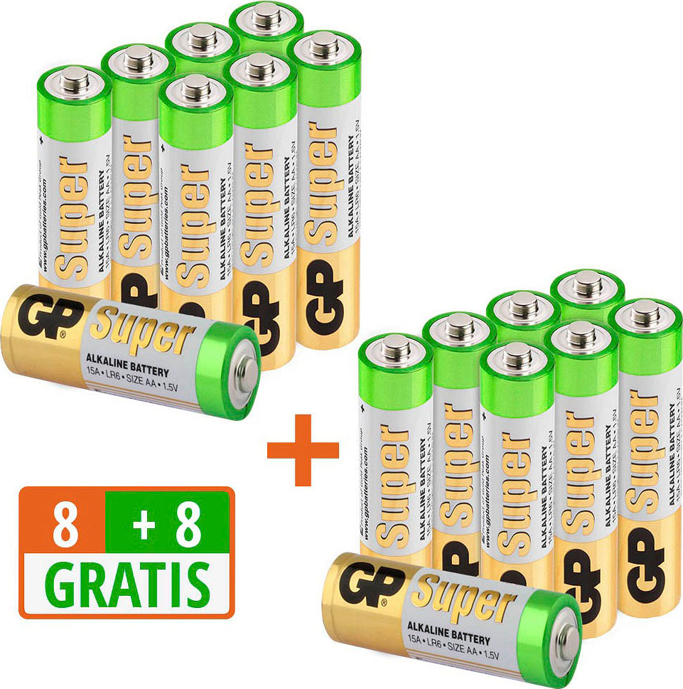 GP Batteries Batterie »16 Stück (8+8) AA Mignon Super Alkaline, 1,5V«, 1,5 V,...