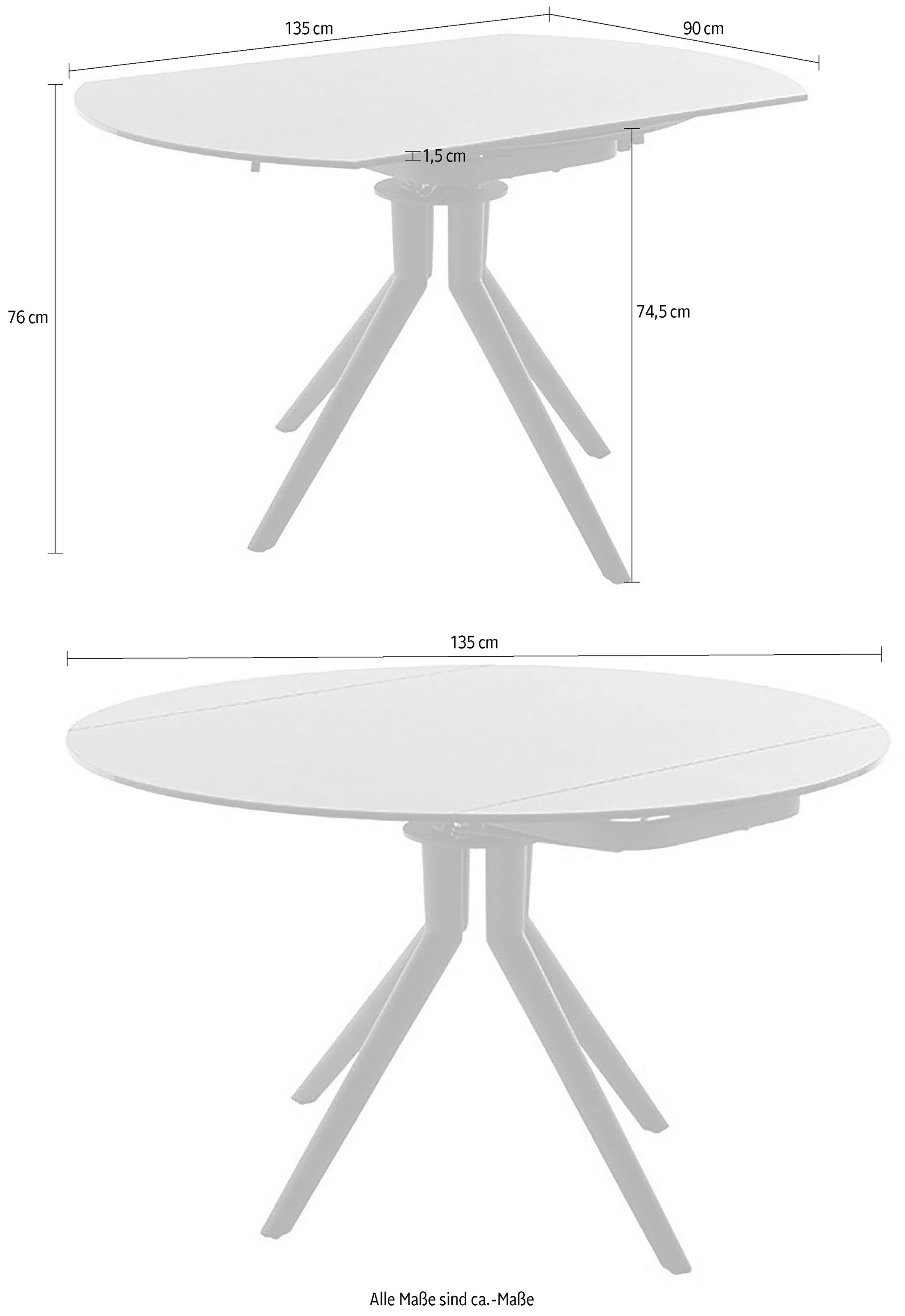 MCA furniture Esstisch »RUBIKON Vierfusstisch 90-135 cm«, (Einzelstück), Keramik, Metall, Längsseitenauszug, ausziehbar, 13 mm