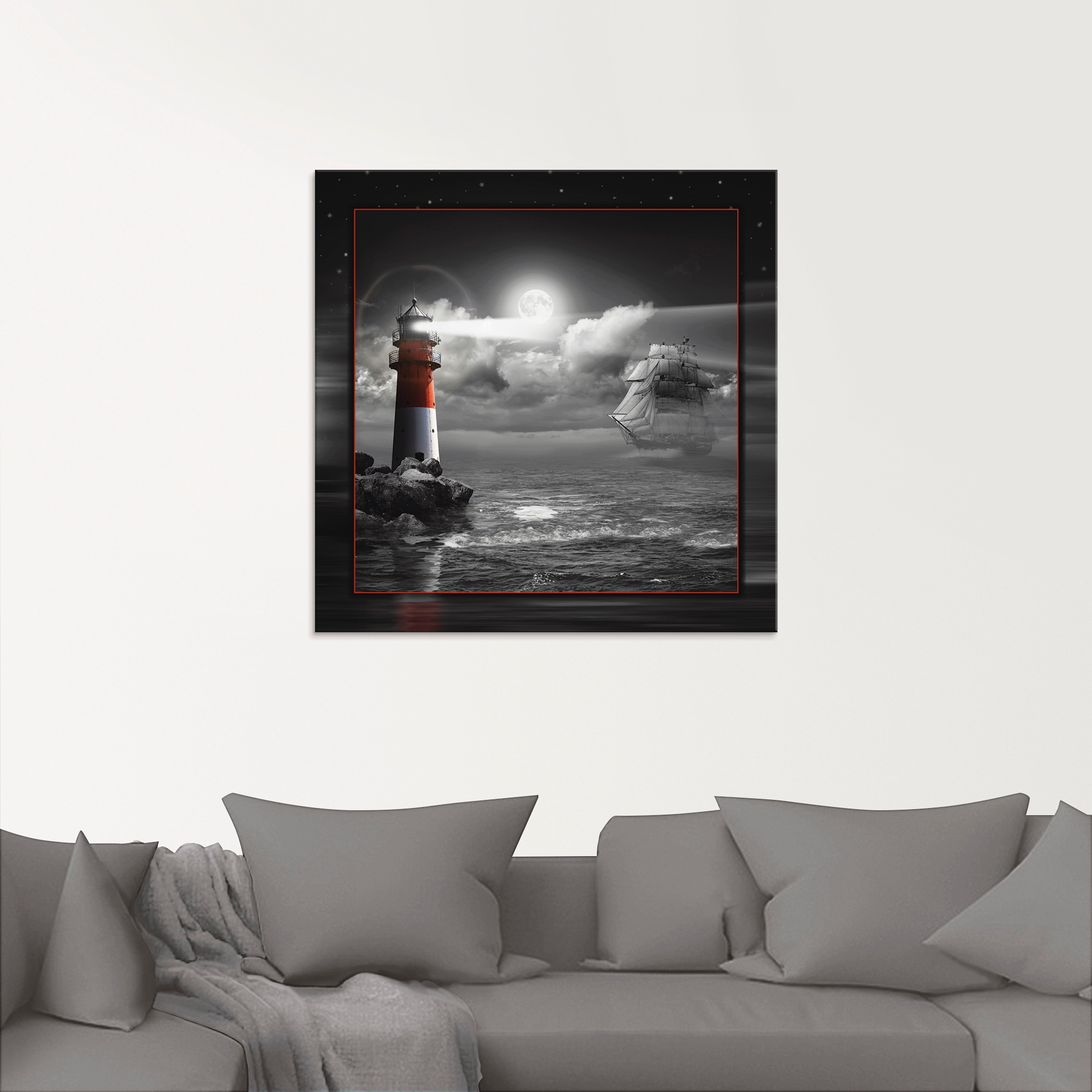 Artland Glasbild »Leuchtturm und Segelschiff im Mondschein«, Küste, (1 St.), in verschiedenen Grössen