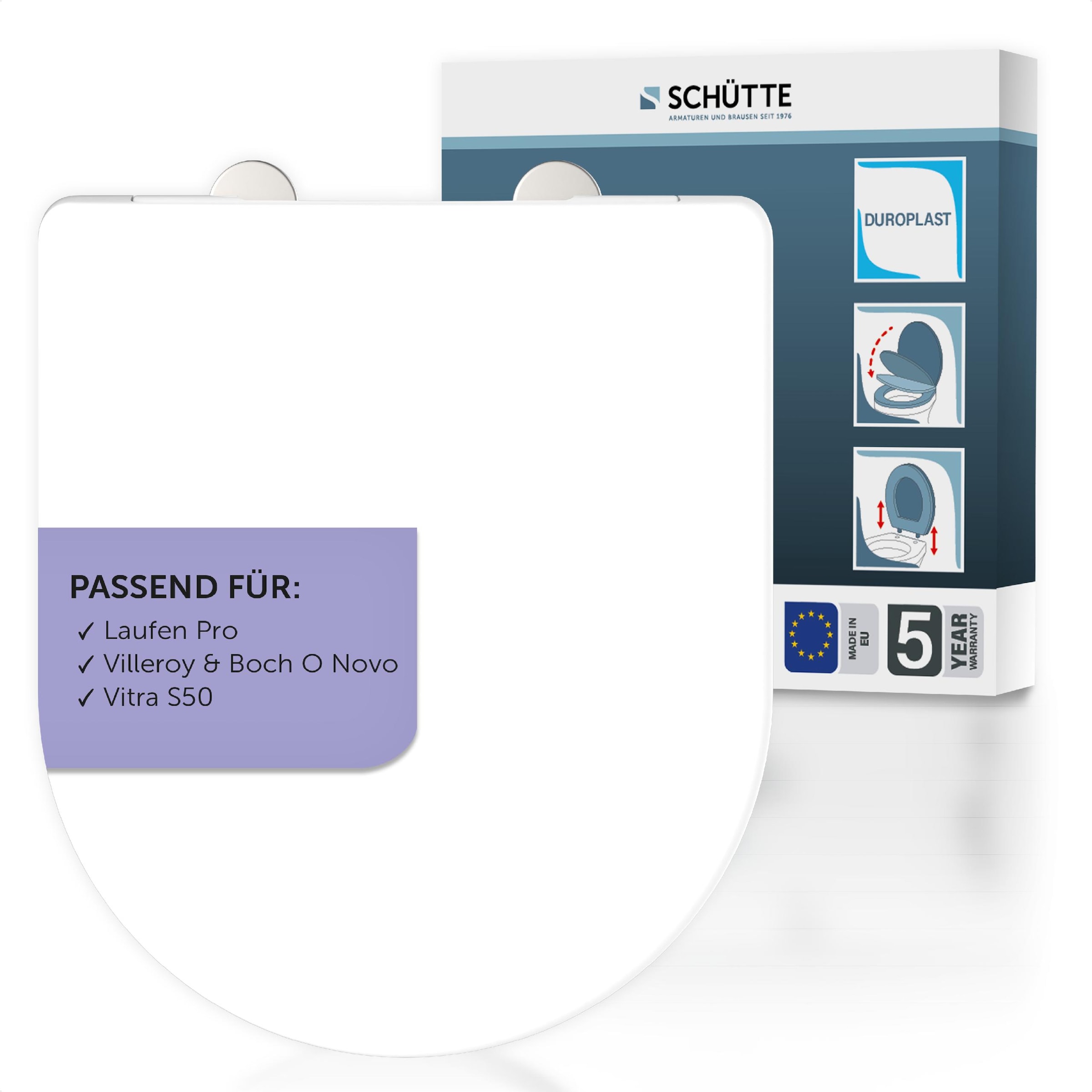 Image of Schütte WC-Sitz "Duroplast, WHITE D-Form PRO 2" WC-Sitz, Befestigungsmaterial, Montageanleitung, mit Absenkautomatik und Schnellverschluss