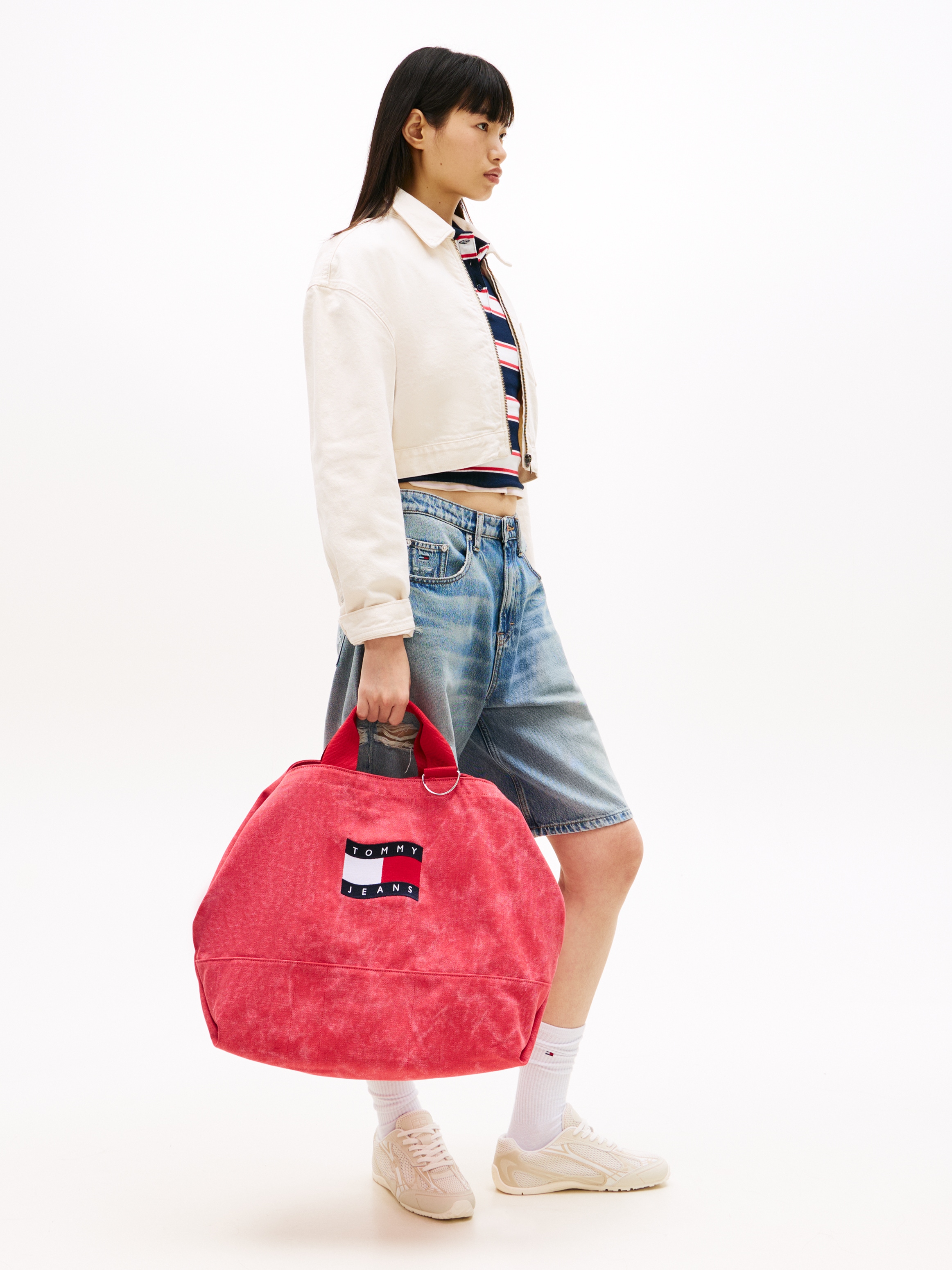 Tommy Jeans Sac de transport »TJW WAVE FLAG MED TOTE« sac unisexe, sac bandoulière, shopper, sac à main aspect usé