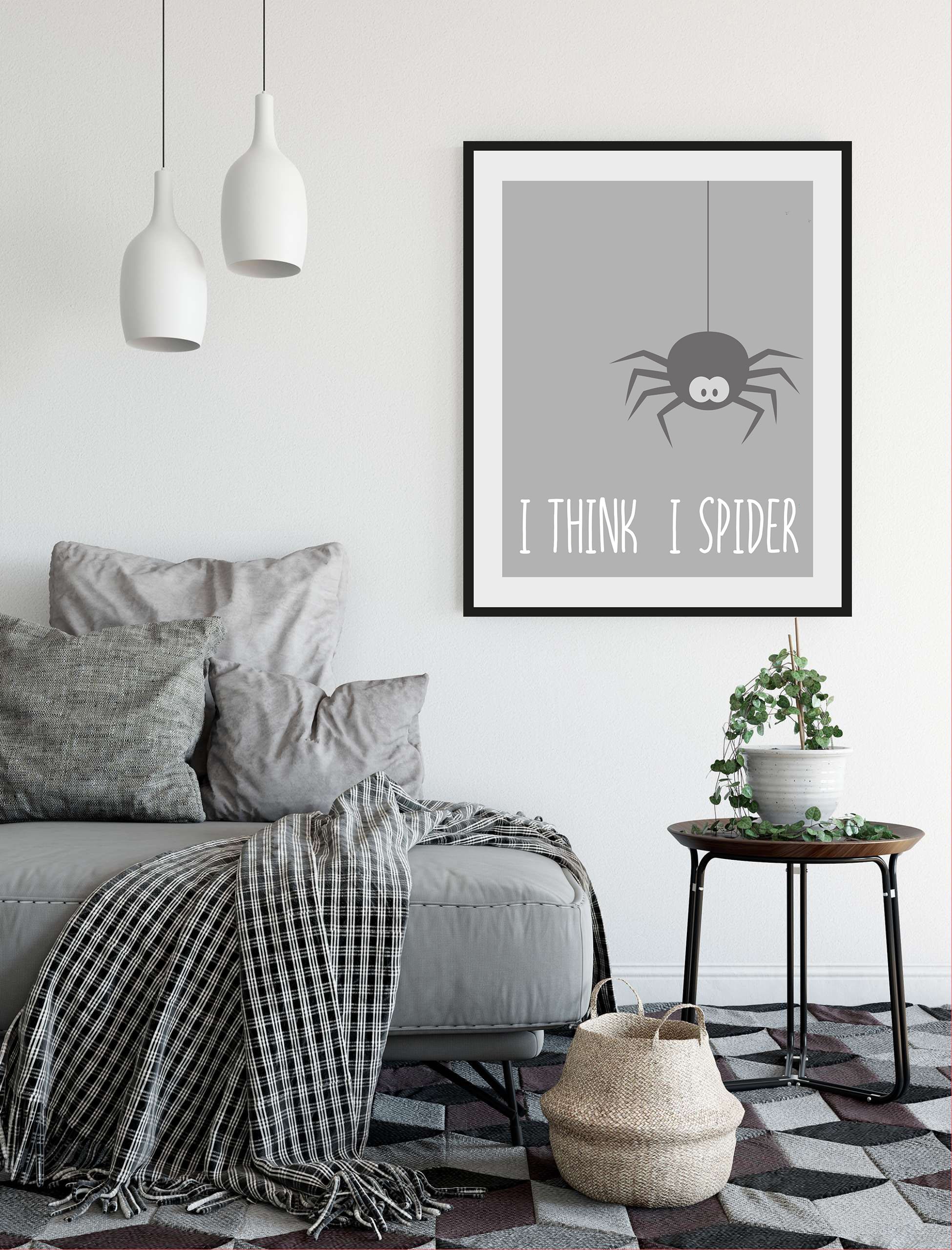 Image of queence Bild "I THINK I SPIDER" Humor Insekten Schriftzug Schwarz-Weiss Sprüche & Texte 1 Stk. tlg. HD Premium Poster-Druck inkl. Holzrahmen