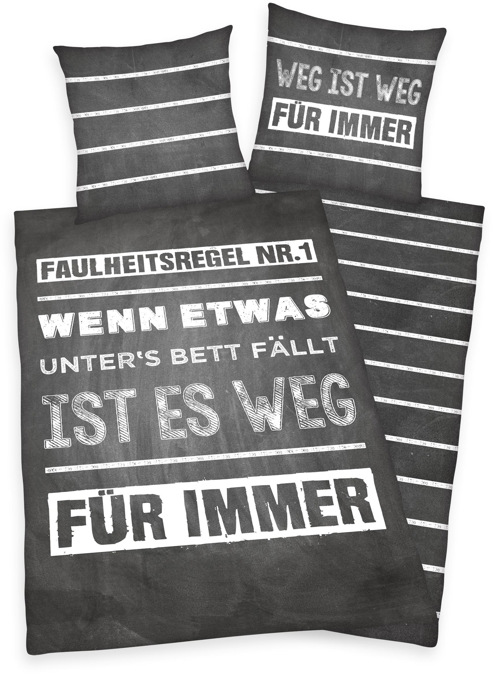 Image of Herding Young Collection Jugendbettwäsche "Faulheit" 2 Stk. Sprüche- und Streifendesign