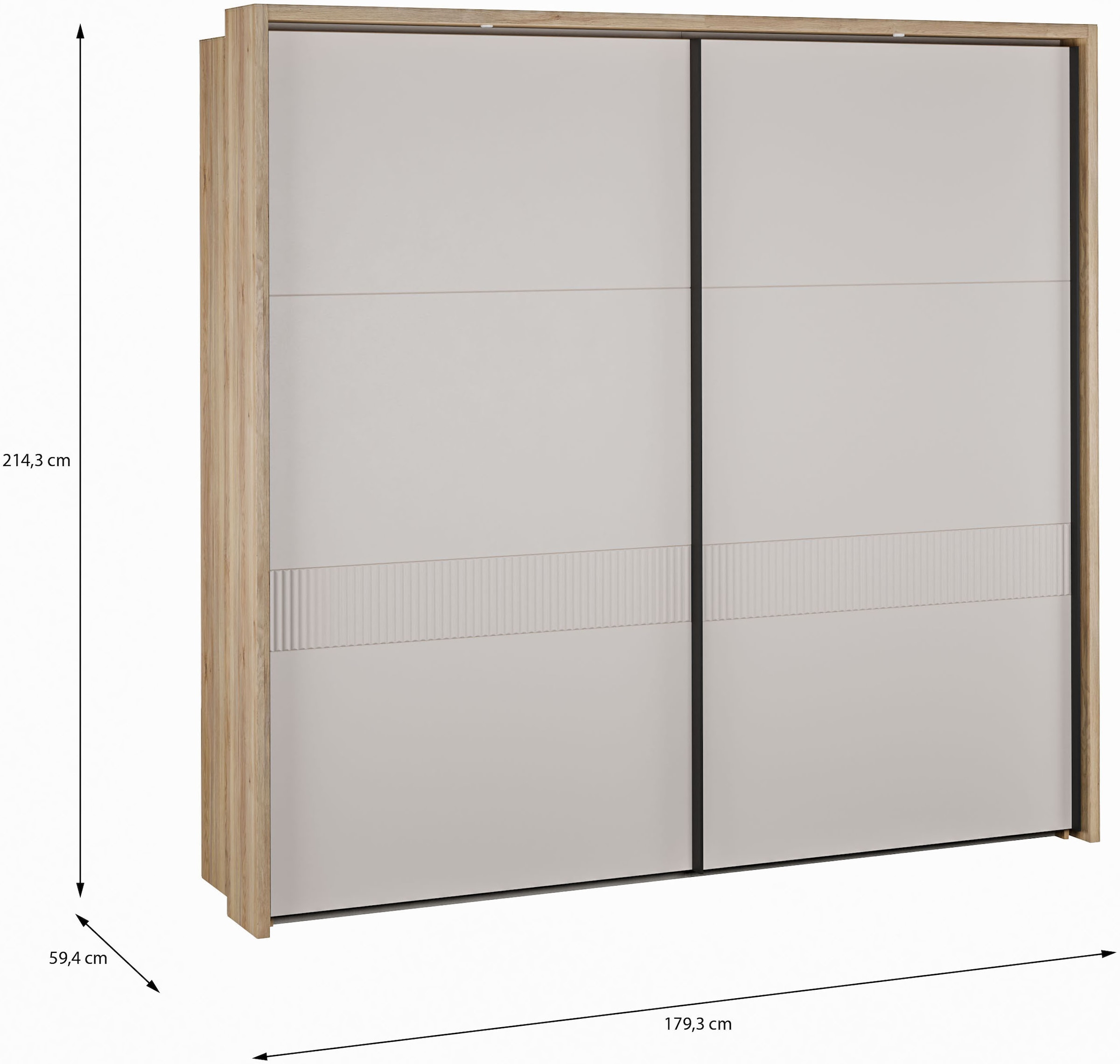 FORTE Schwebetürenschrank »Forte Seravel Schwebetürenschrank, Lamellenoptik, inkl. Beleuchtung« B/H/T 231,1/215,9/63,8 cm, Zubehör optional bestellbar